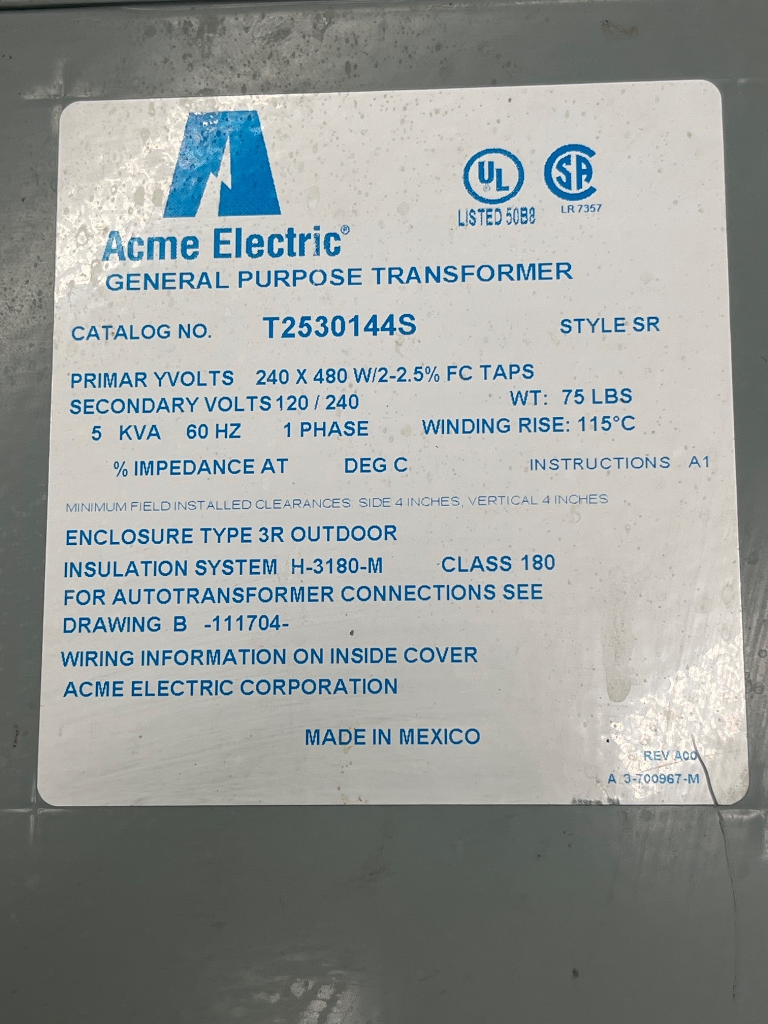 ACME T2530144S 5 KVA 1PH General Purpose Transformer (240x480 - 120/240V); USED 3