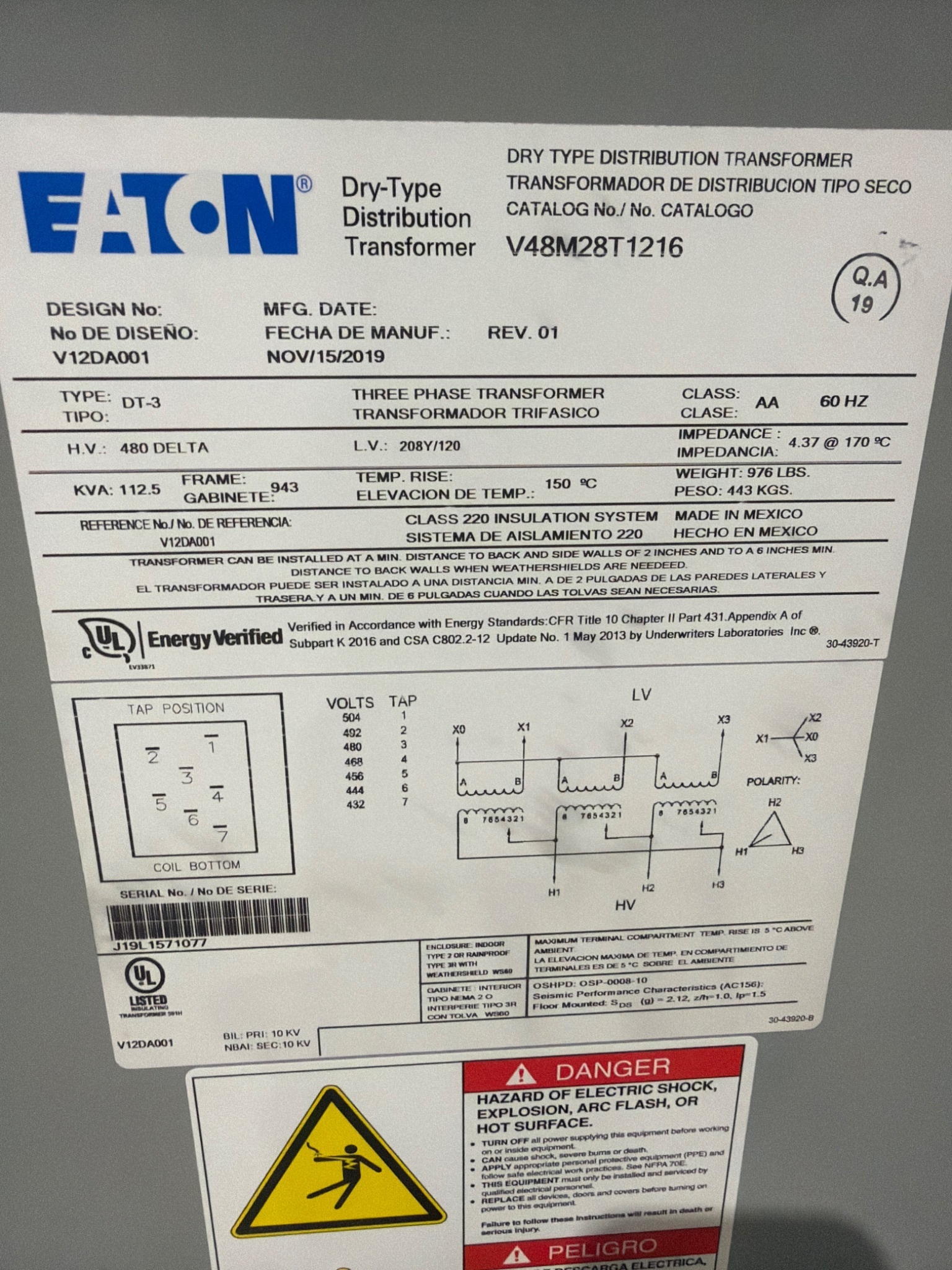 EATON V48M28T1216 15 kVA Dry Type Distribution Transformer USED 4