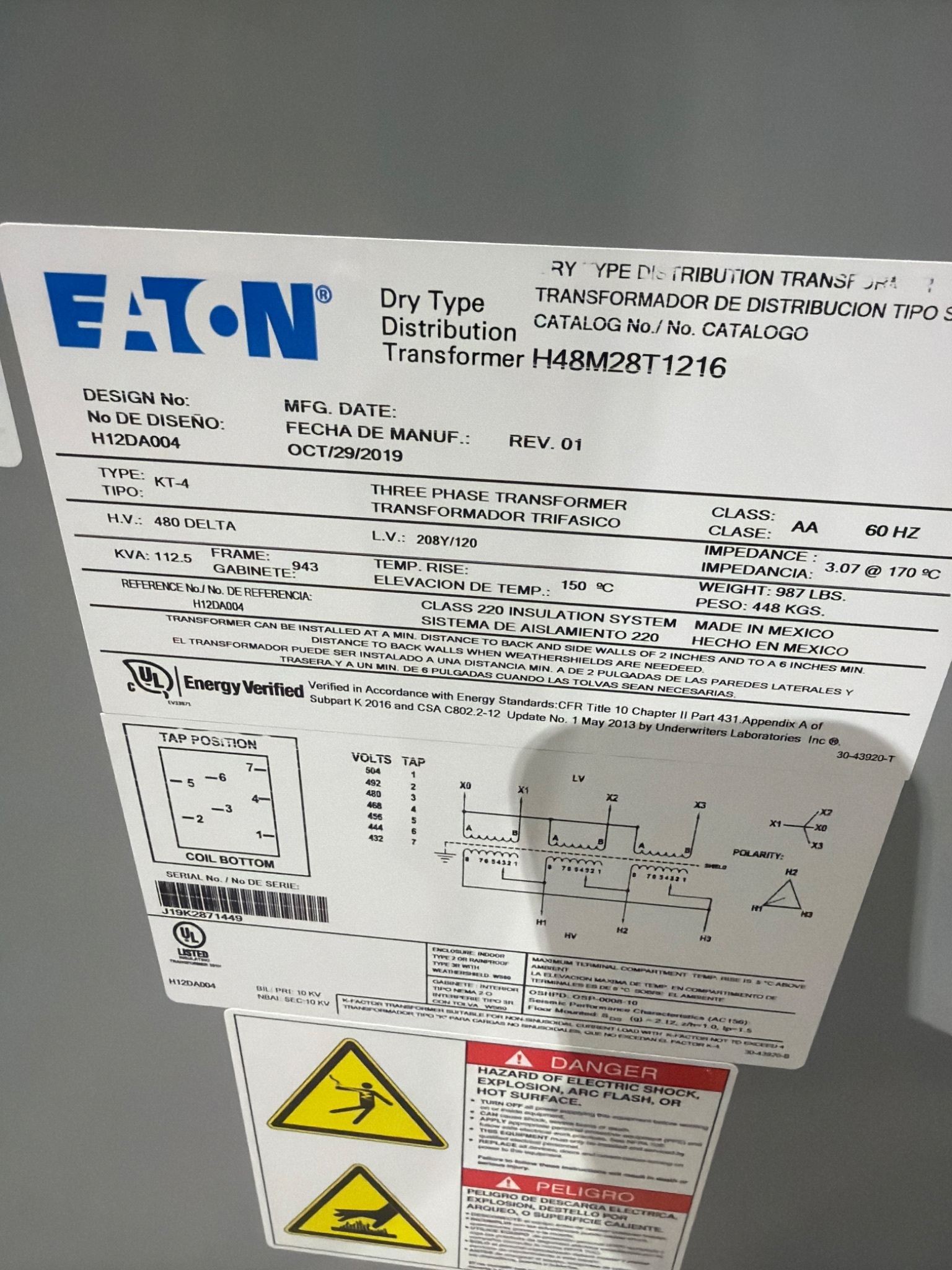 EATON H48M28T1216 112.5 kVA Dry Type Distribution Transformer USED 4