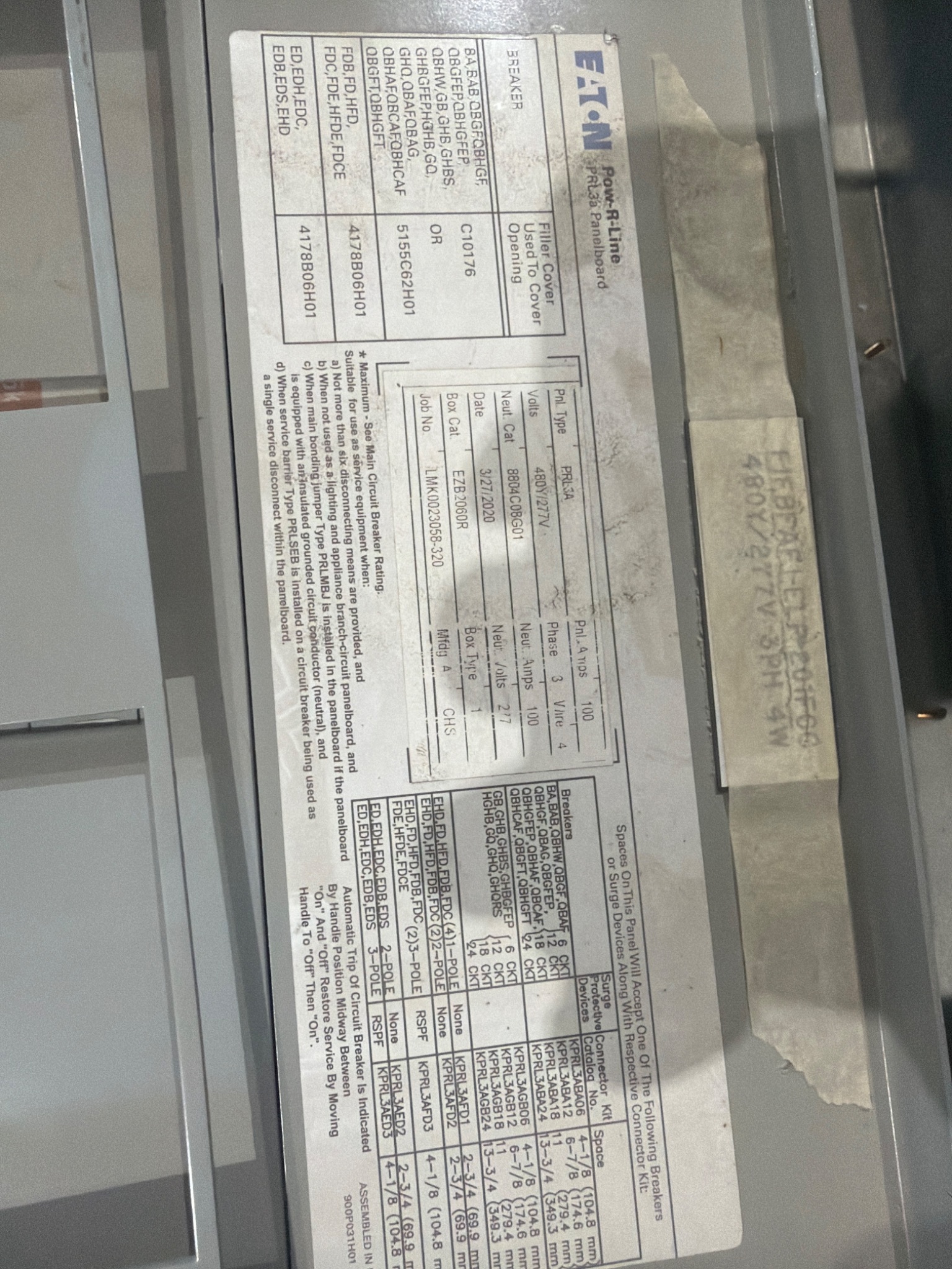 EATON JEZB2060R PRL2A Panelboard 480Y/277V 100A 3PH NEW 4