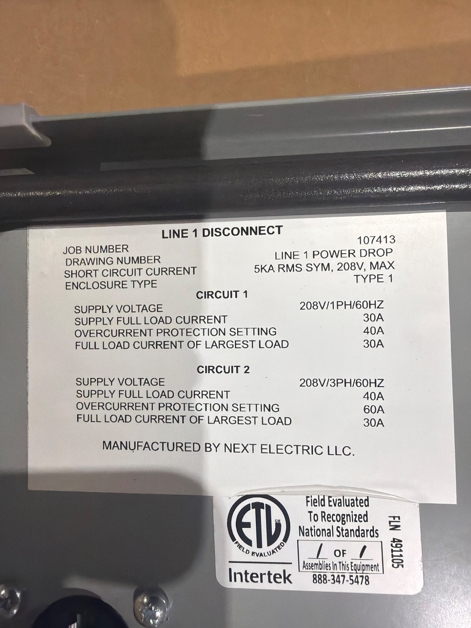 NEXT ELECTRIC 107413 Dual Fused Disconnect 208V USED 4