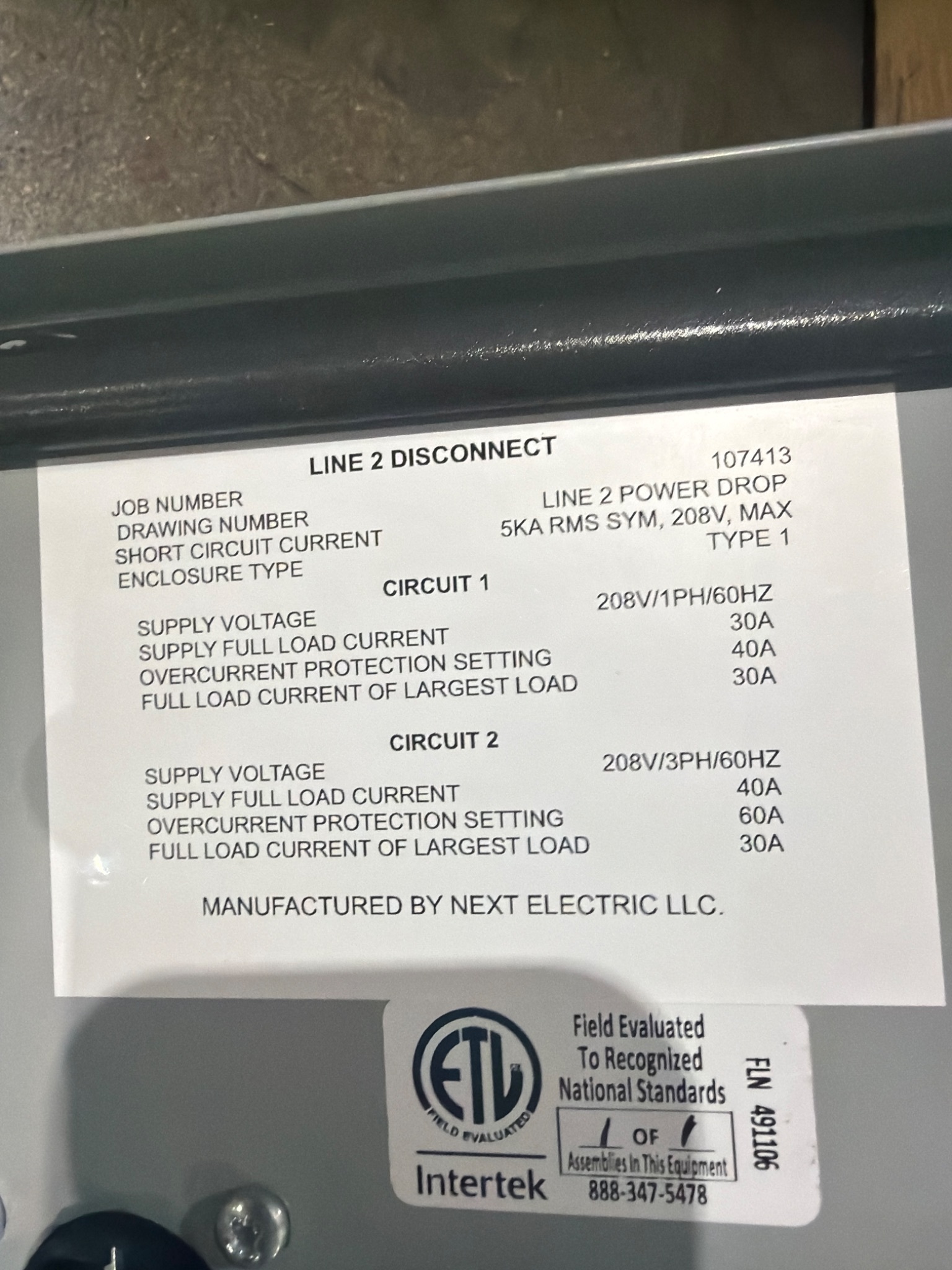 NEXT ELECTRIC 107413 Dual Fused Disconnect 208V USED 4