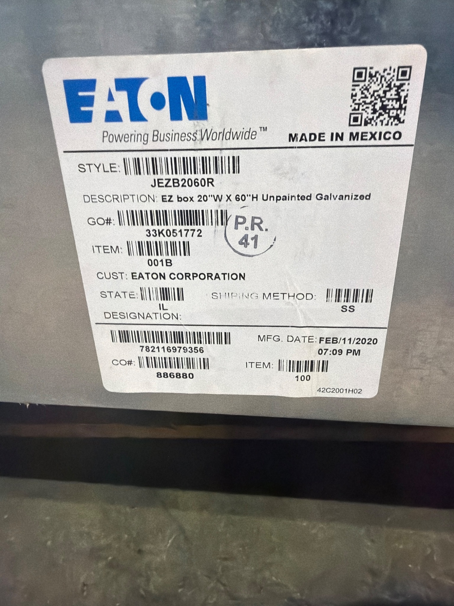 EATON JEZB2060R Galvanized Electrical Enclosure 20"x60" NEW 3