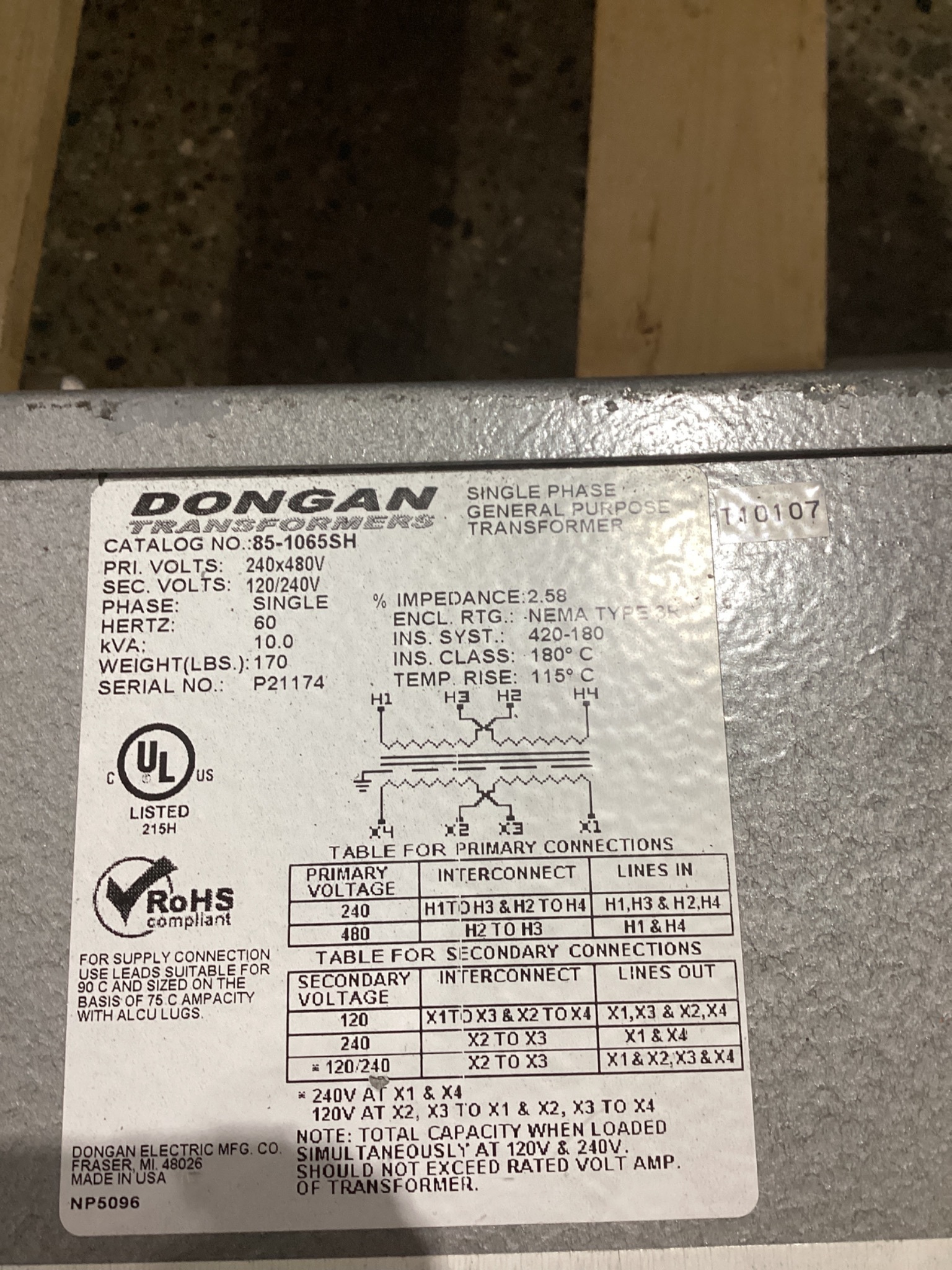 DONGAN 85‑1065SH Single Phase General Purpose Transformer USED 3