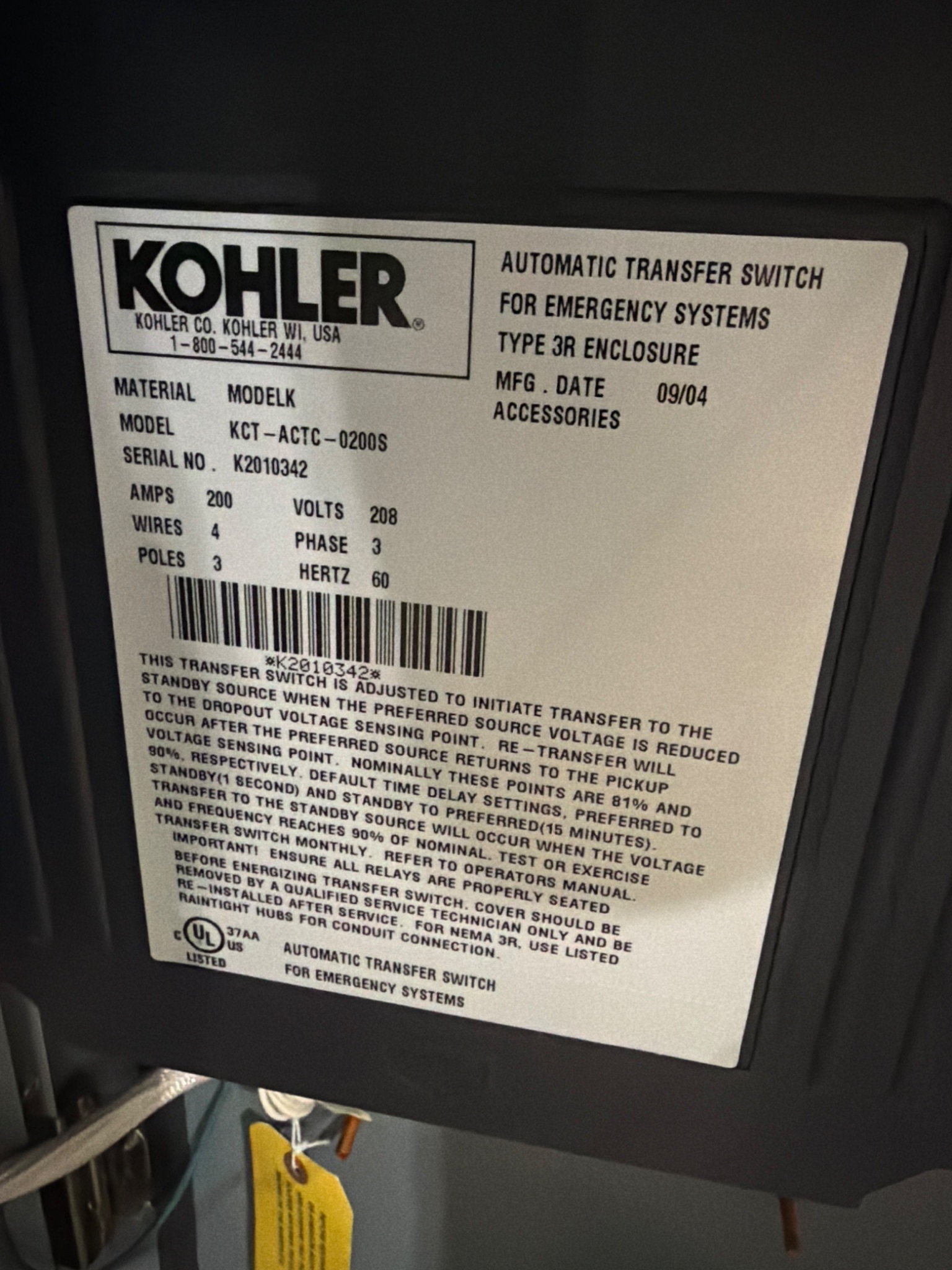 KOHLER KCT‑ACTC‑0200S 200A Automatic Transfer Switch 208V 3‑Phase NEW 5