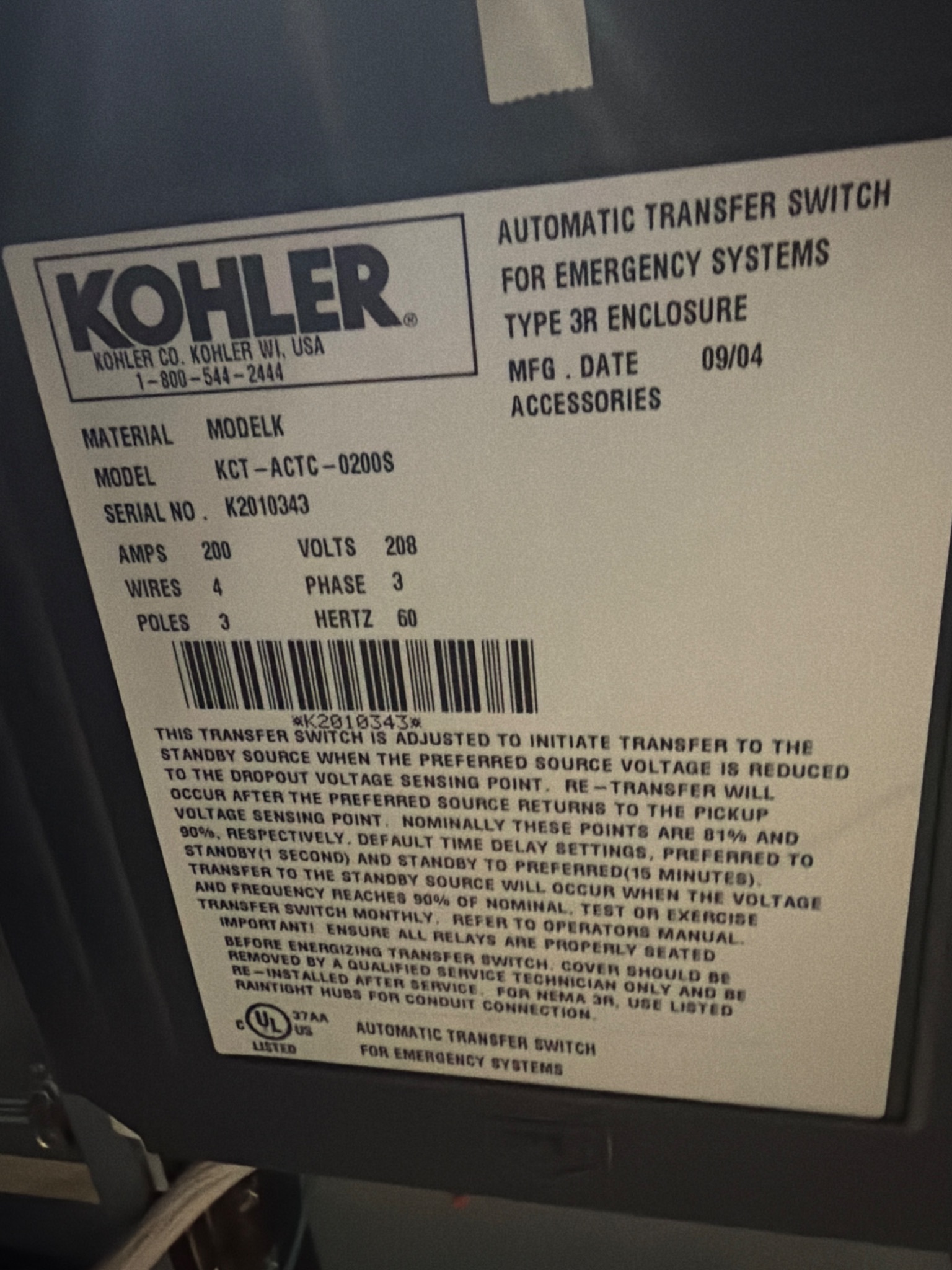 KOHLER KCT‑ACTC‑0200S 200A Automatic Transfer Switch 208V 3‑Phase NEW 4