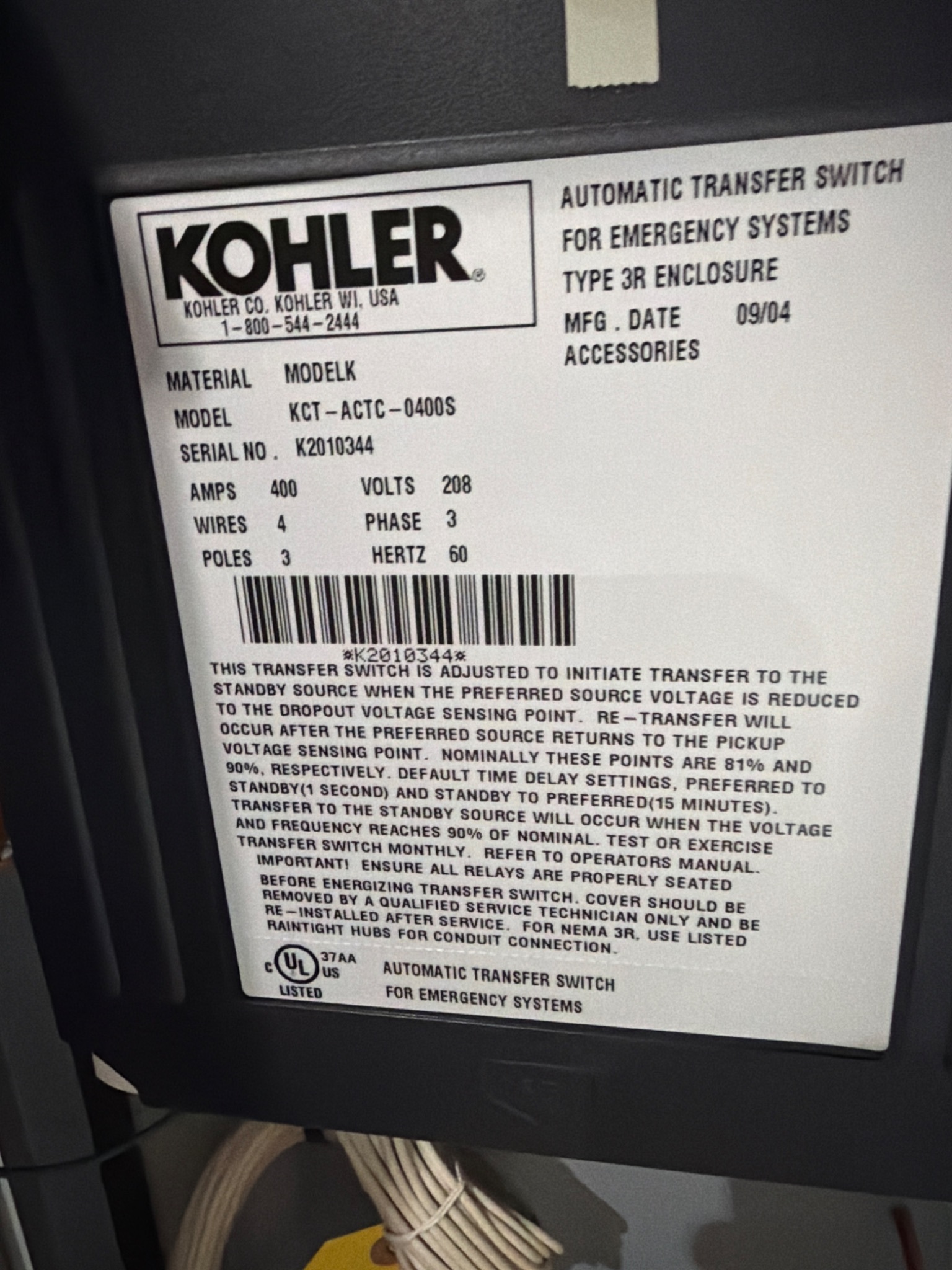 KOHLER KCT‑ACTC‑0400S 400A Automatic Transfer Switch 208V 3‑Phase NEW 5