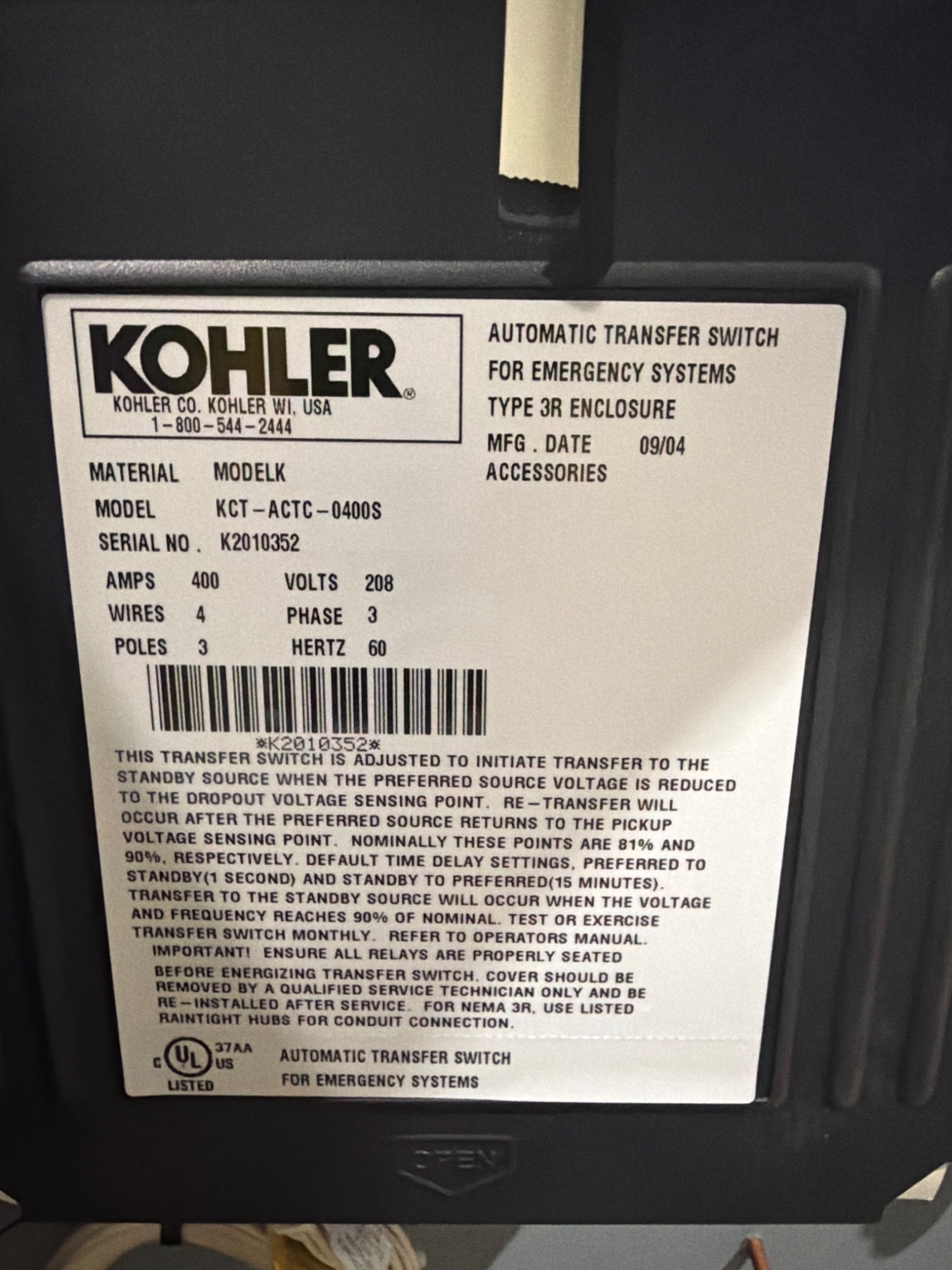 KOHLER KCT‑ACTC‑0400S 400A Automatic Transfer Switch 208V 3‑Phase NEW 6