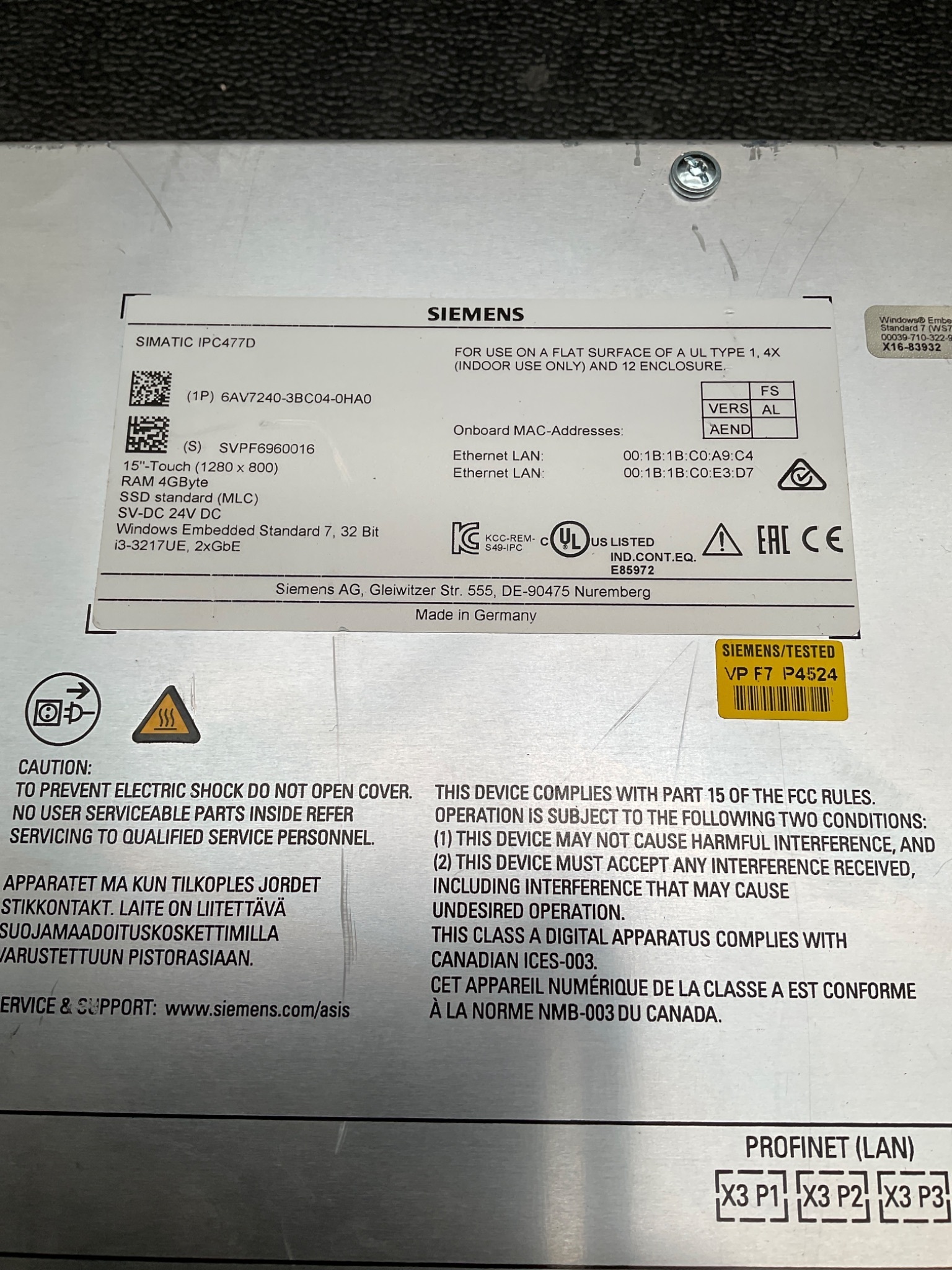 SIEMENS 6AV7240-3BC04-0HA0 SIMATIC IPC477D Touch Panel PC USED 3