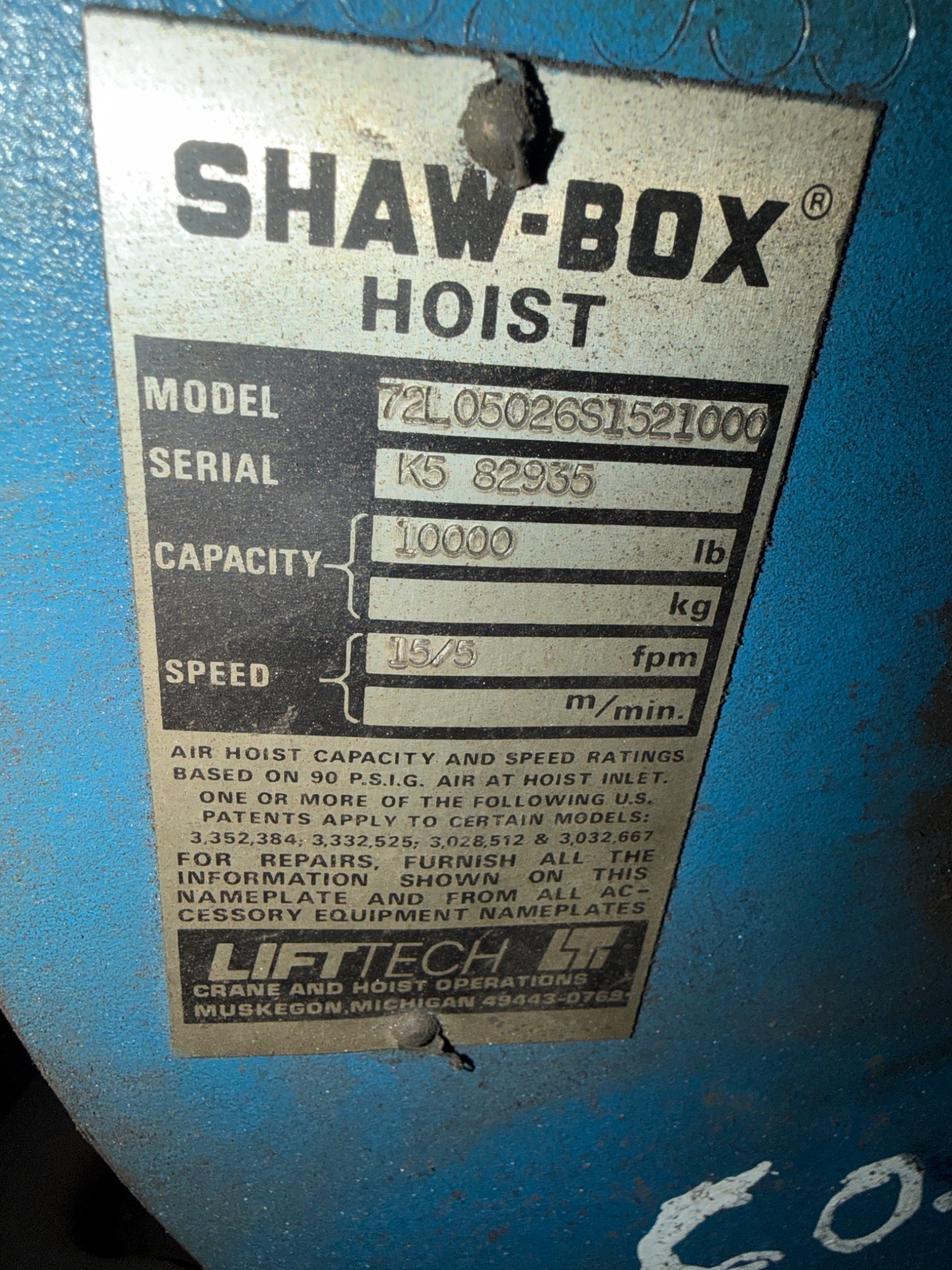 SHAW-BOX 72L05026S1521000 5 Ton Electric Chain Hoist USED 10