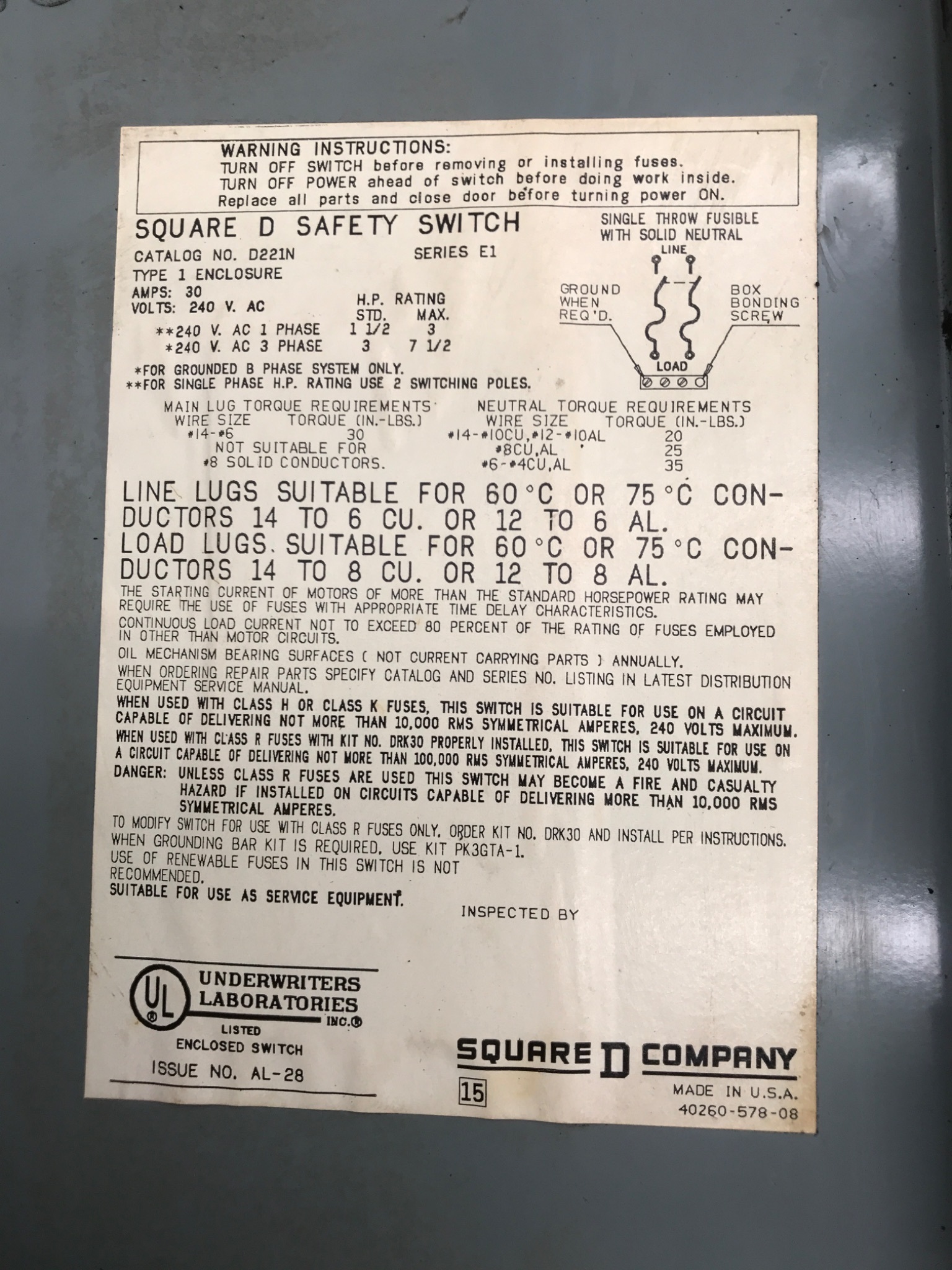 SQUARE D D221N Safety Switch USED 2