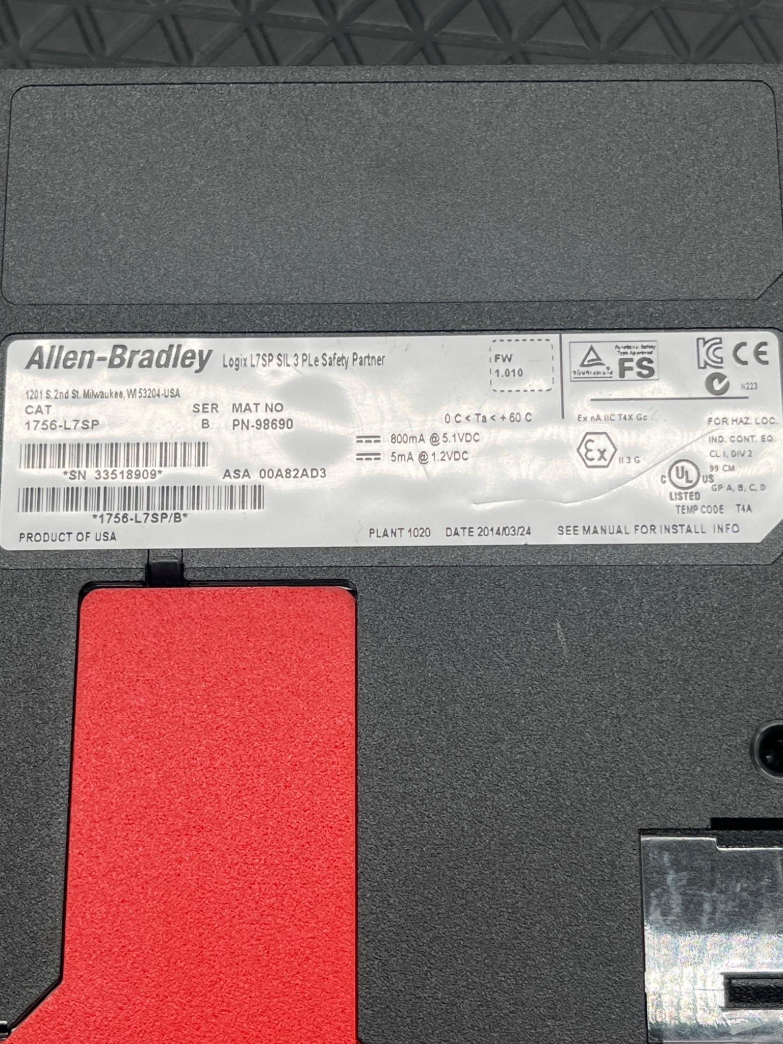 ALLEN BRADLEY 1756-L7SP Series B ControlLogix Safety Processor USED 5