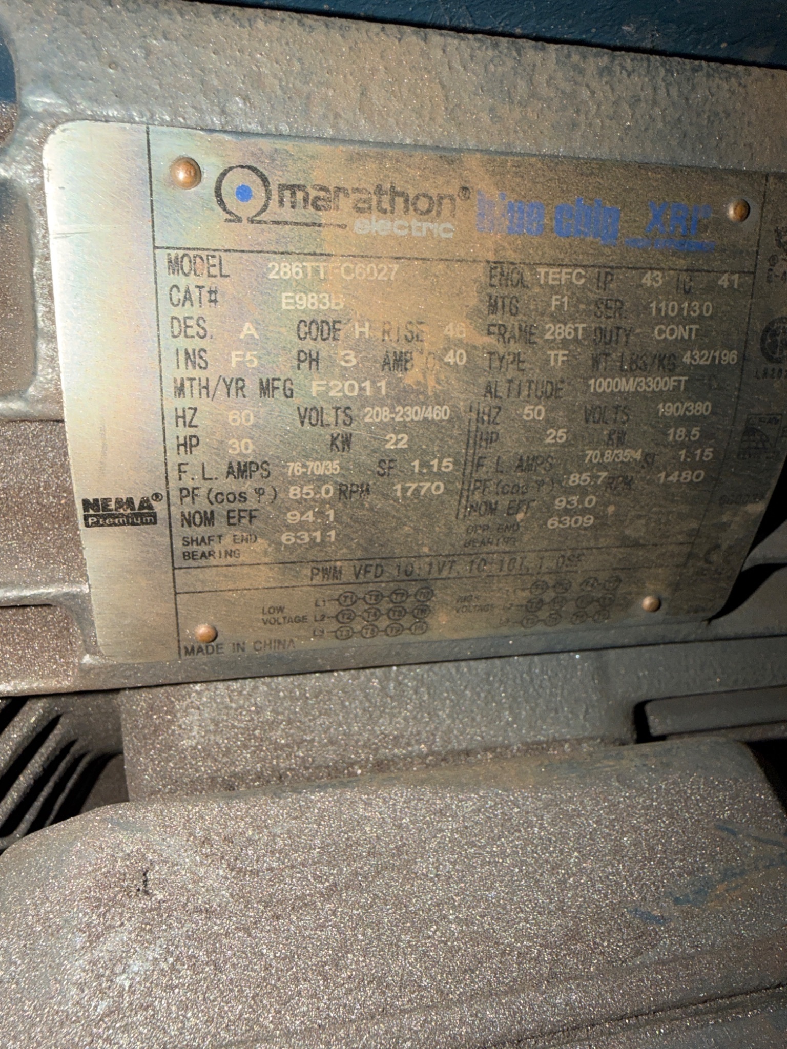 MARATHON ELECTRIC E983B 30 HP AC Motor 208-230/460V 3PH TEFC USED 4