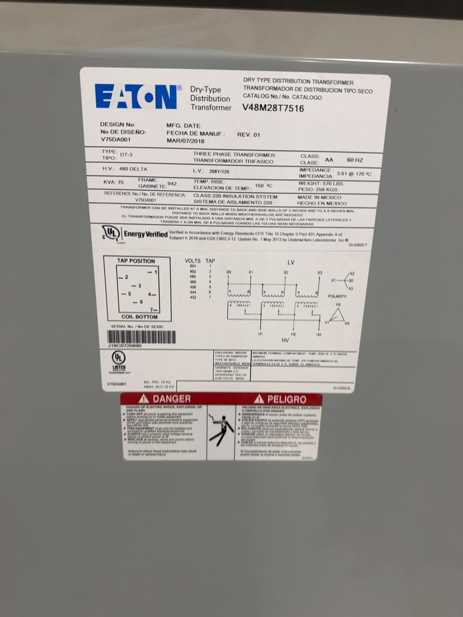 EATON V48M28T7516 75 kVA Dry Type Distribution Transformer USED 4
