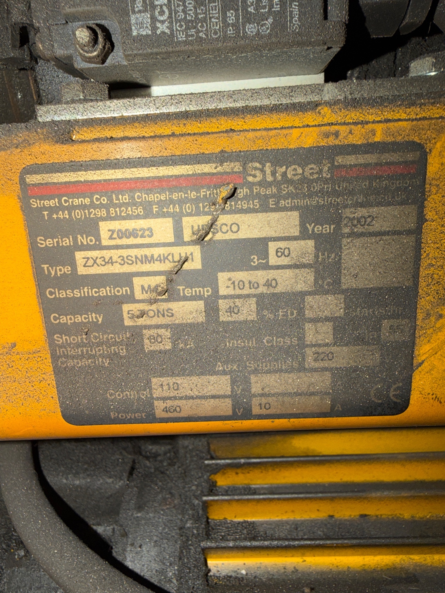STREET ZX34-3SNM4KLU Wire Rope Hoist 5 Ton 460V 3PH USED 6
