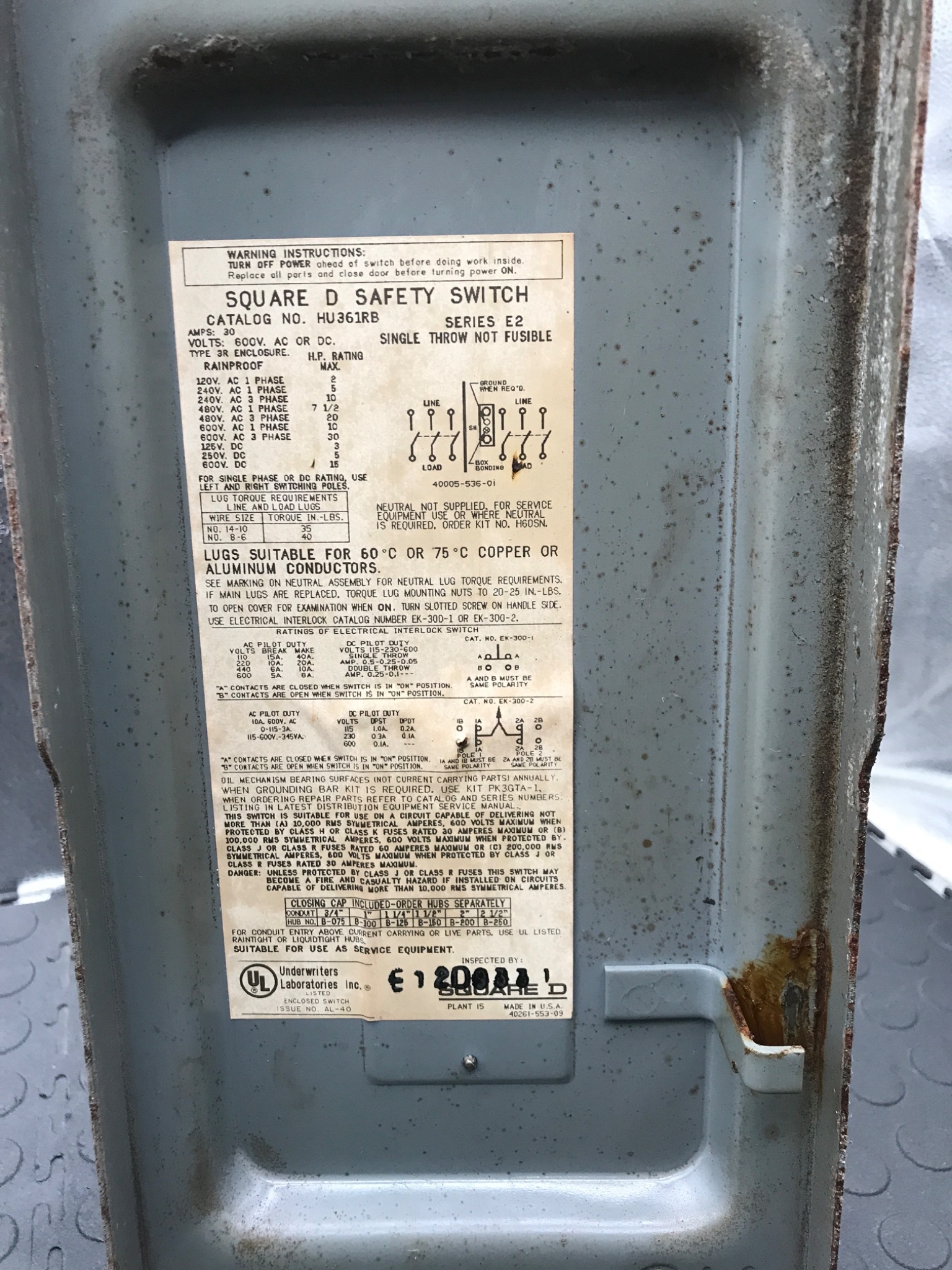 SQUARE D HU361RB Safety Switch USED 2