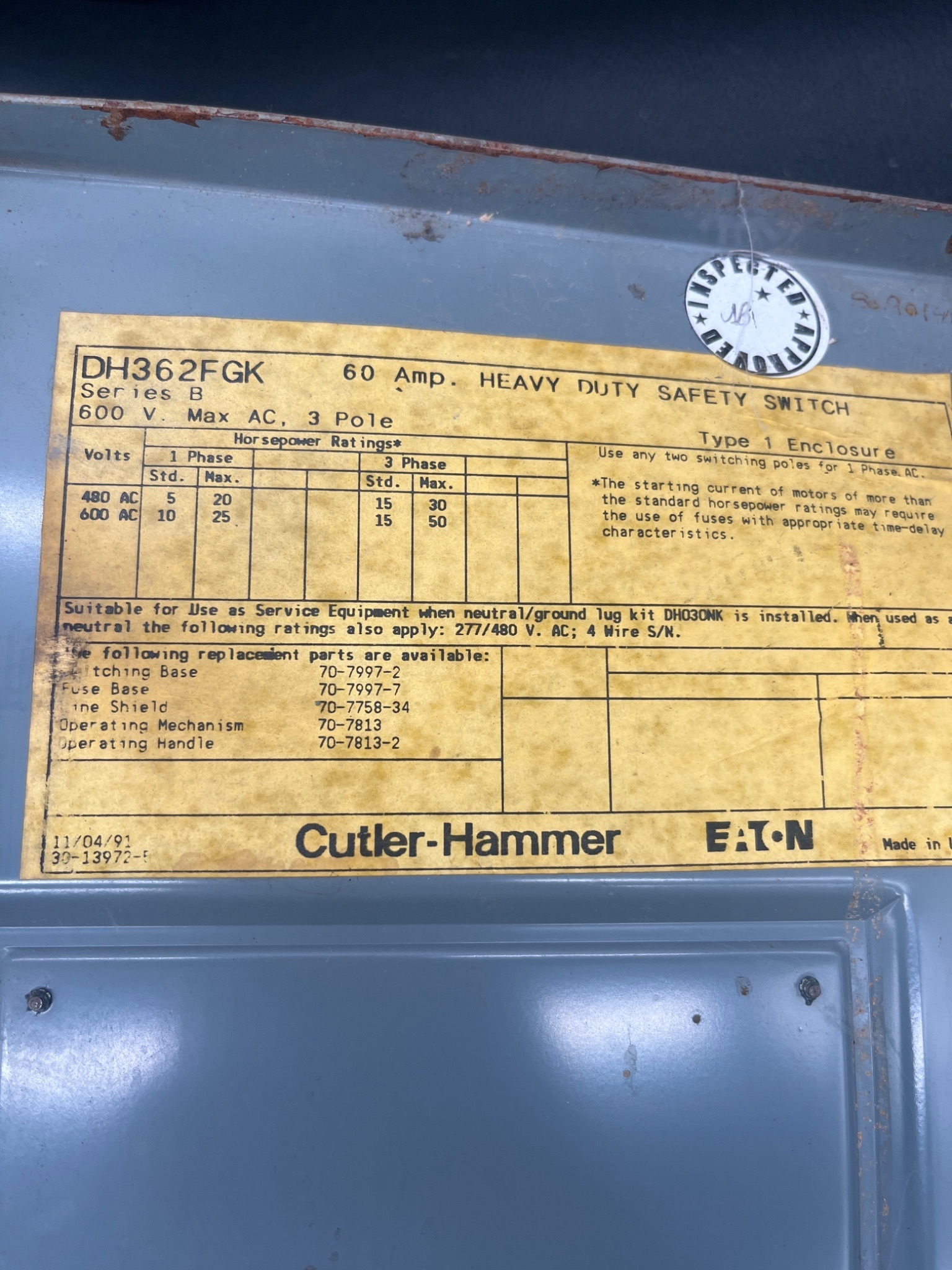 Cutler‑Hammer DH362FGK Heavy Duty Safety Switch USED 6