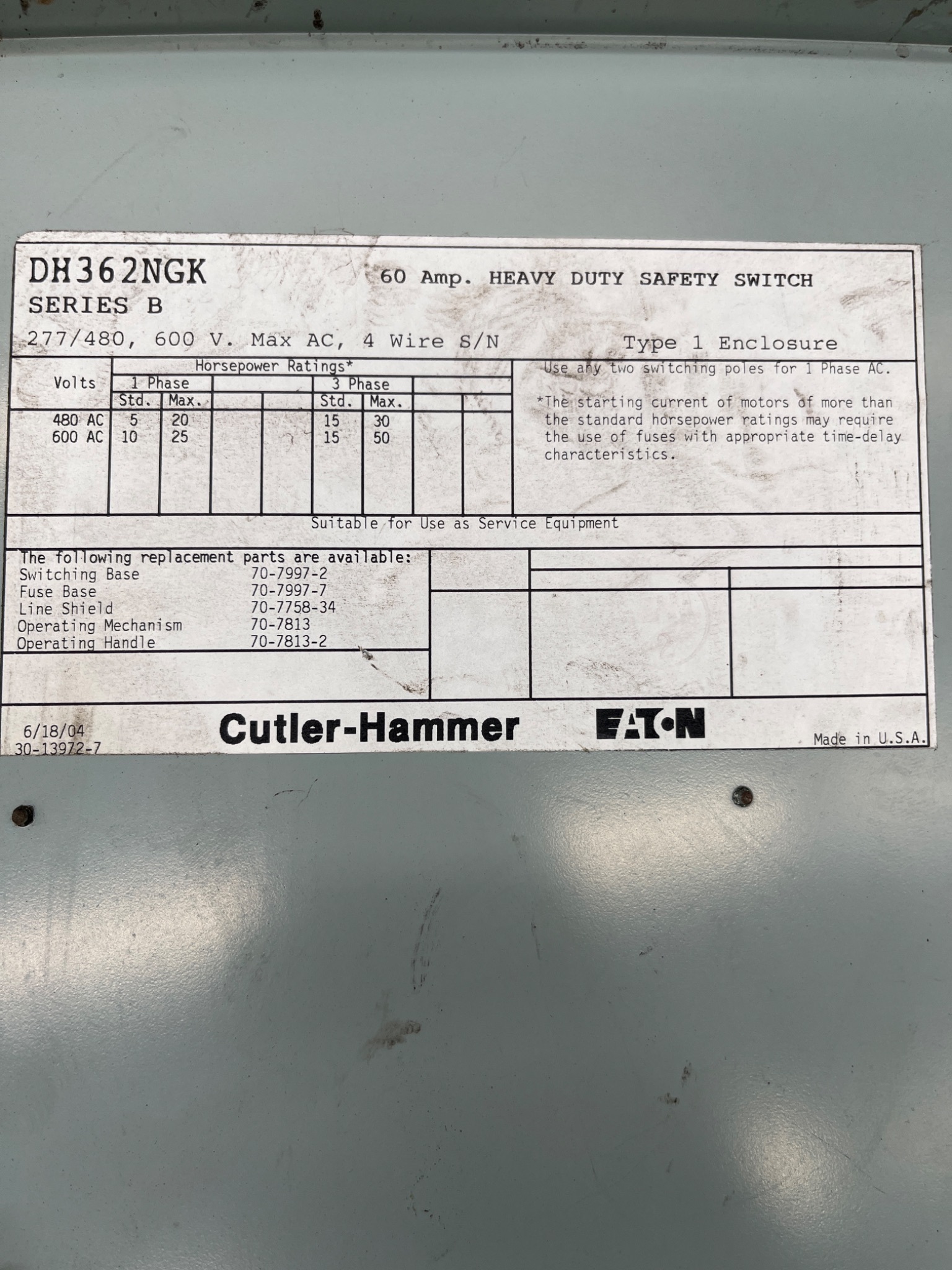 EATON CUTLER‑HAMMER DH362NGK Heavy Duty Safety Switch USED 7