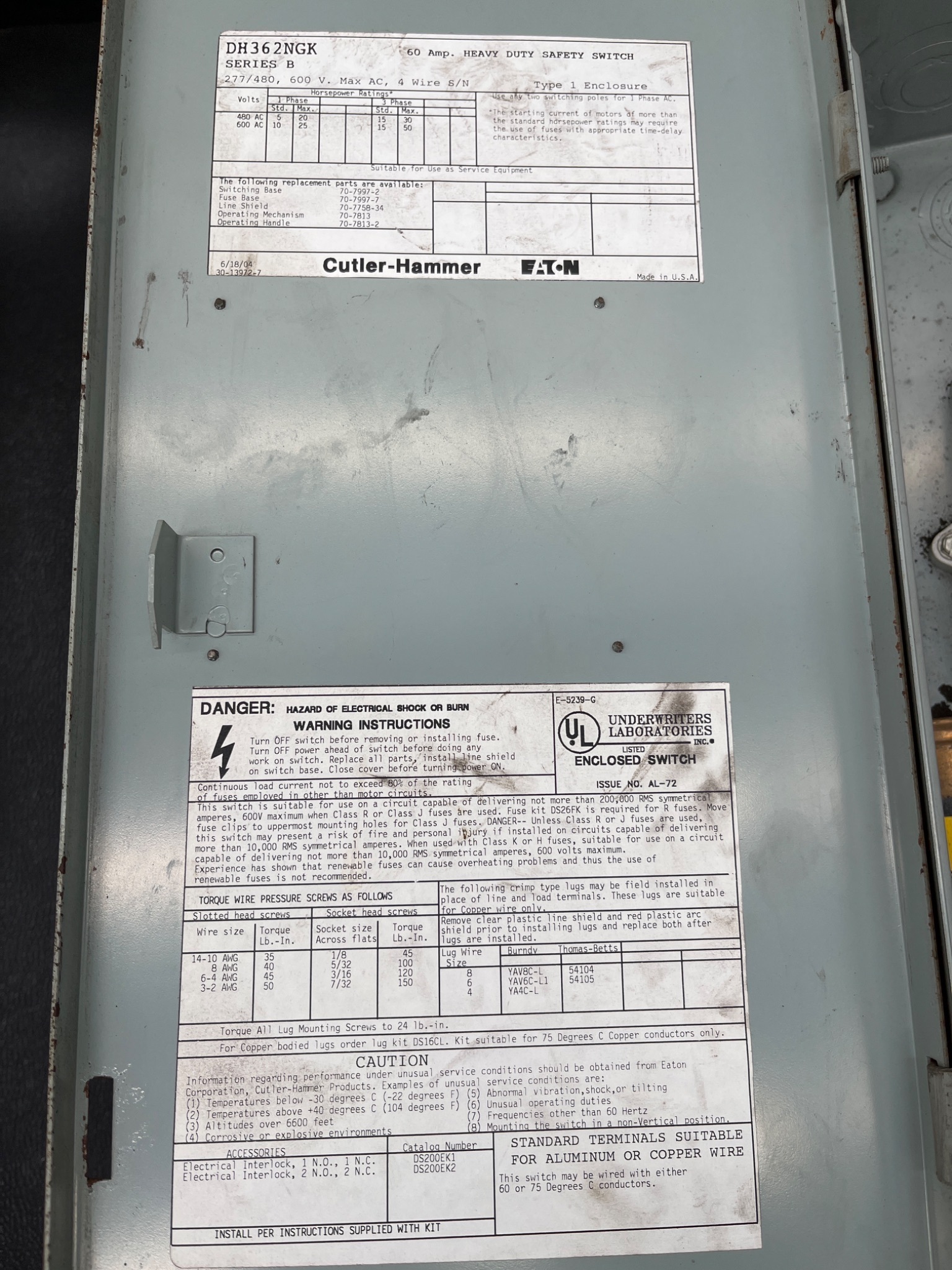 EATON CUTLER‑HAMMER DH362NGK Heavy Duty Safety Switch USED 8