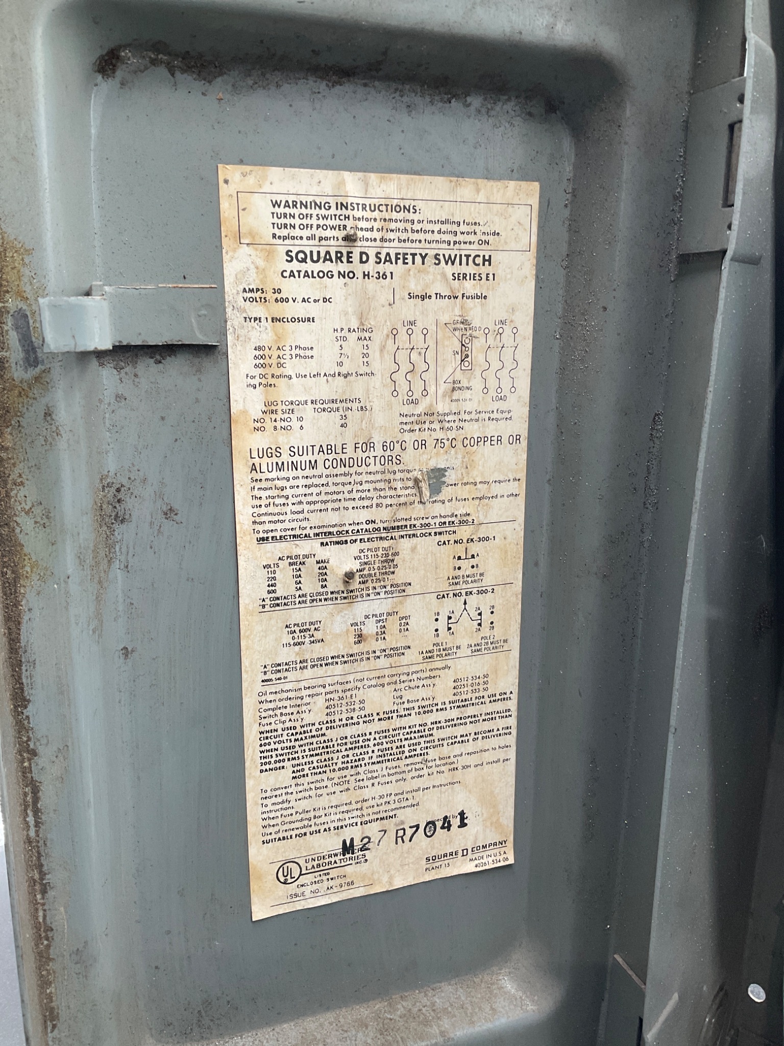 SQUARE D H‑361 Heavy Duty Safety Switch USED 2
