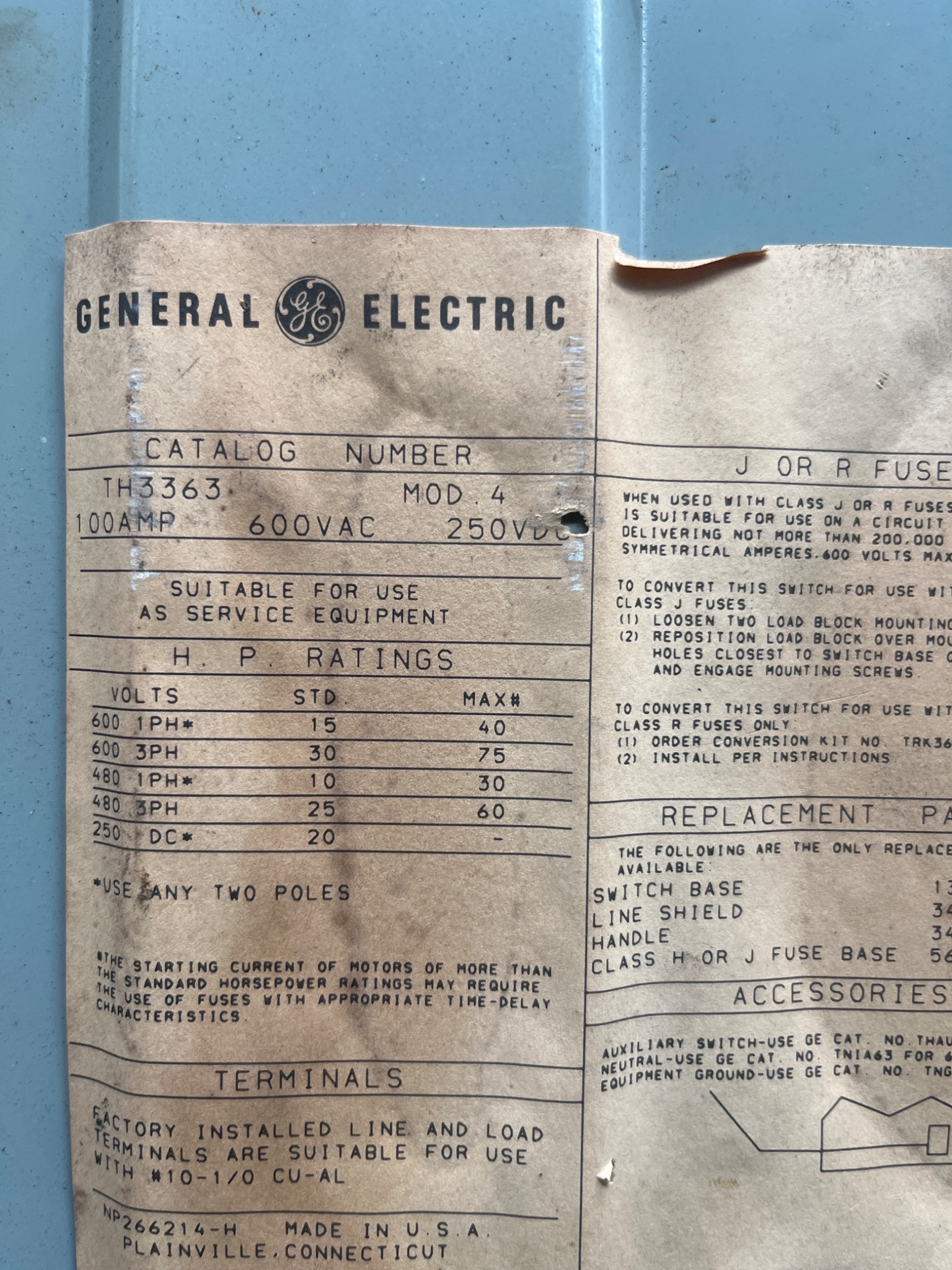 General Electric TH3363 Heavy Duty Safety Switch USED 5