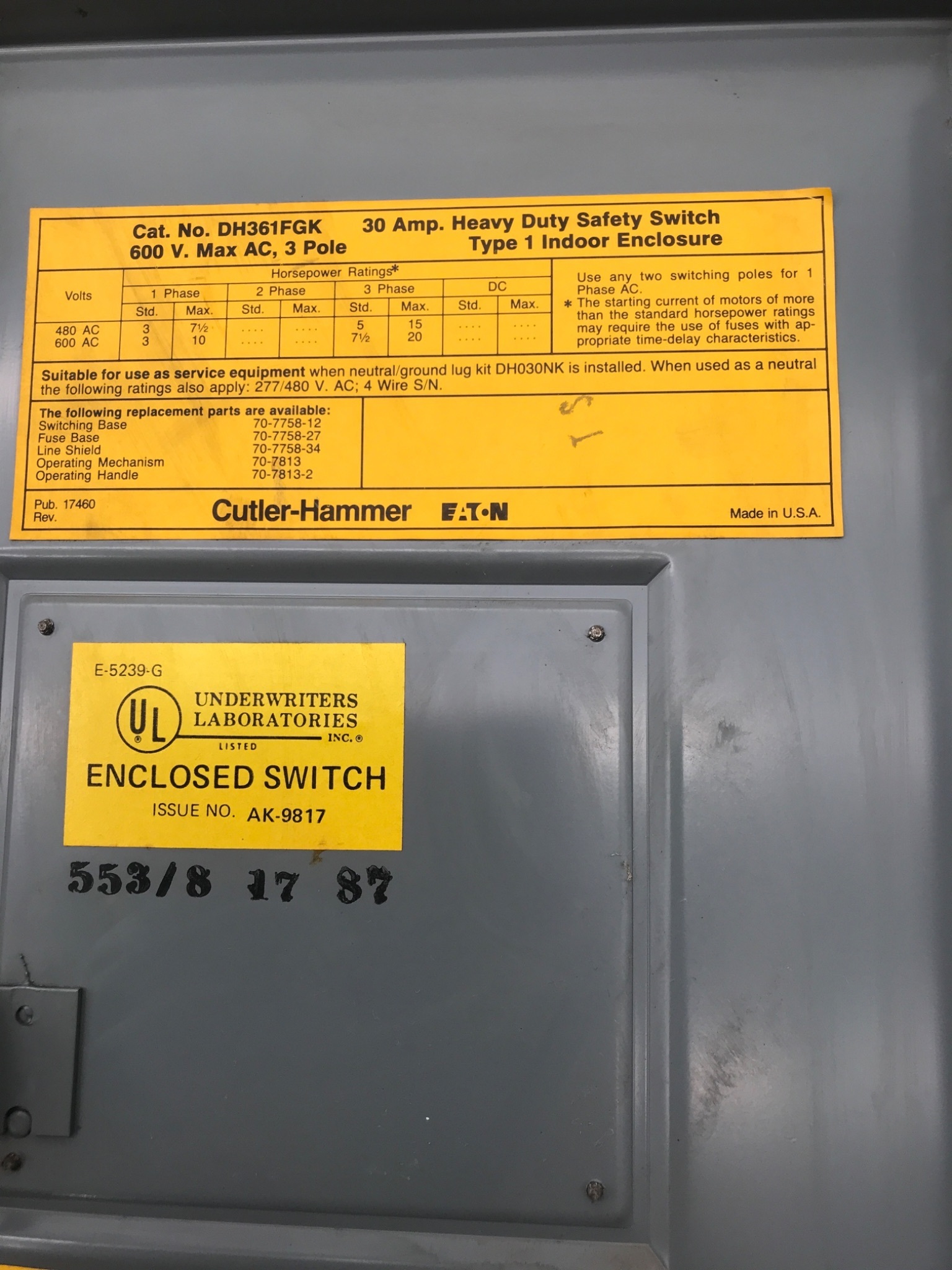 CUTLER‑HAMMER DH361FGK Heavy Duty Safety Switch USED 4