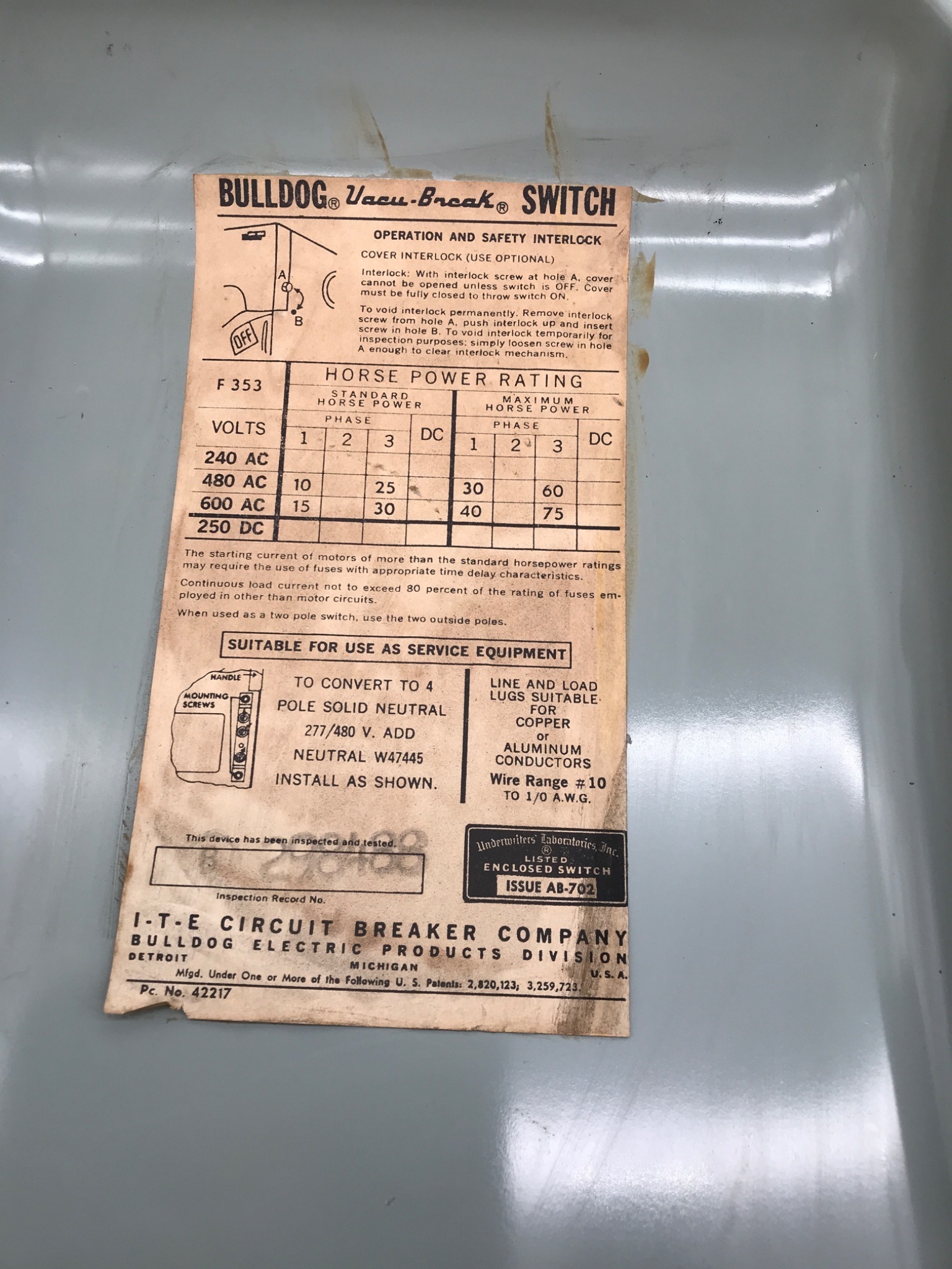 I‑T‑E F‑353 Heavy Duty Safety Switch USED 3