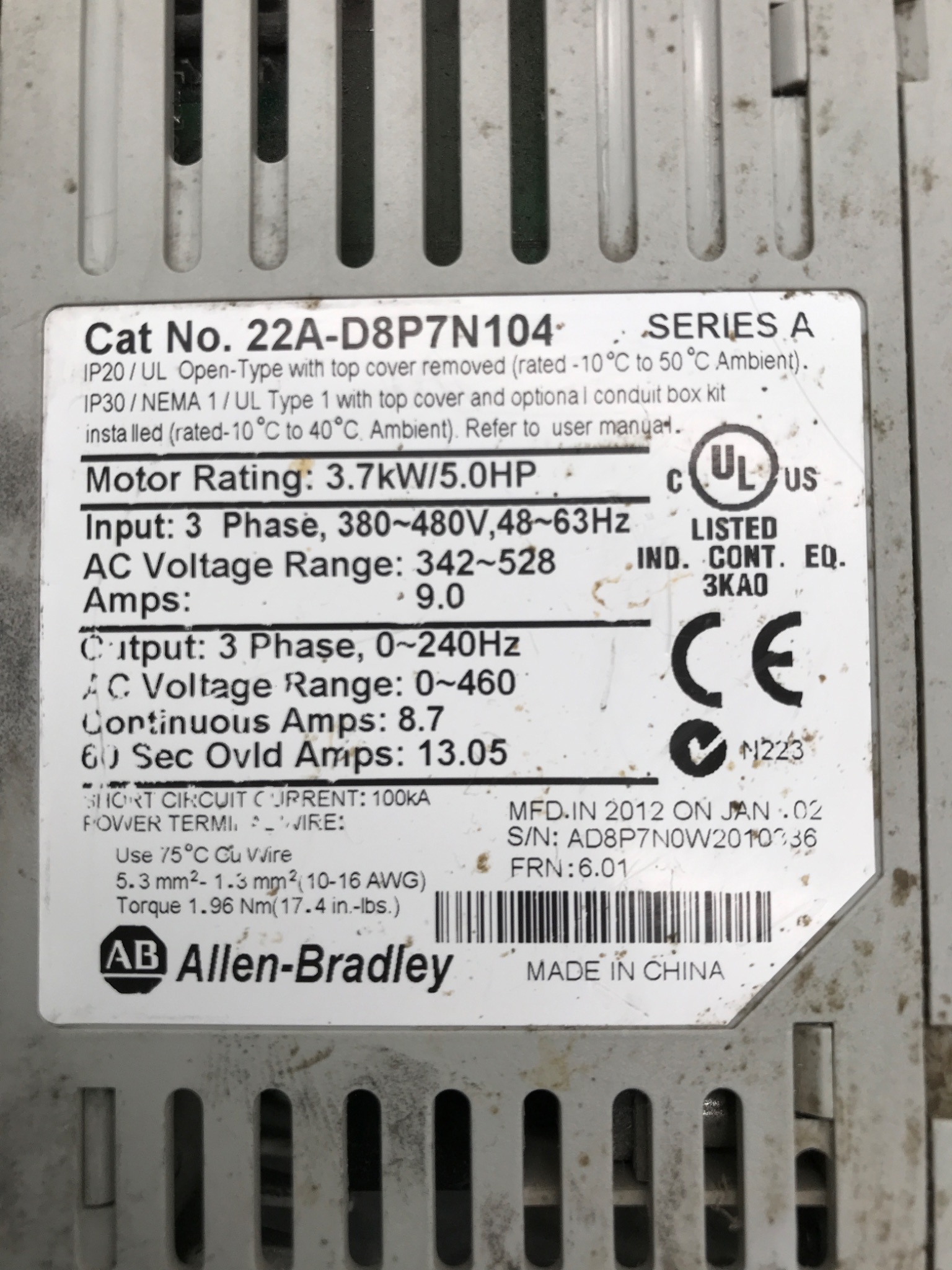 ALLEN‑BRADLEY 22A‑D8P7N104 PowerFlex 4 AC Drive USED 3