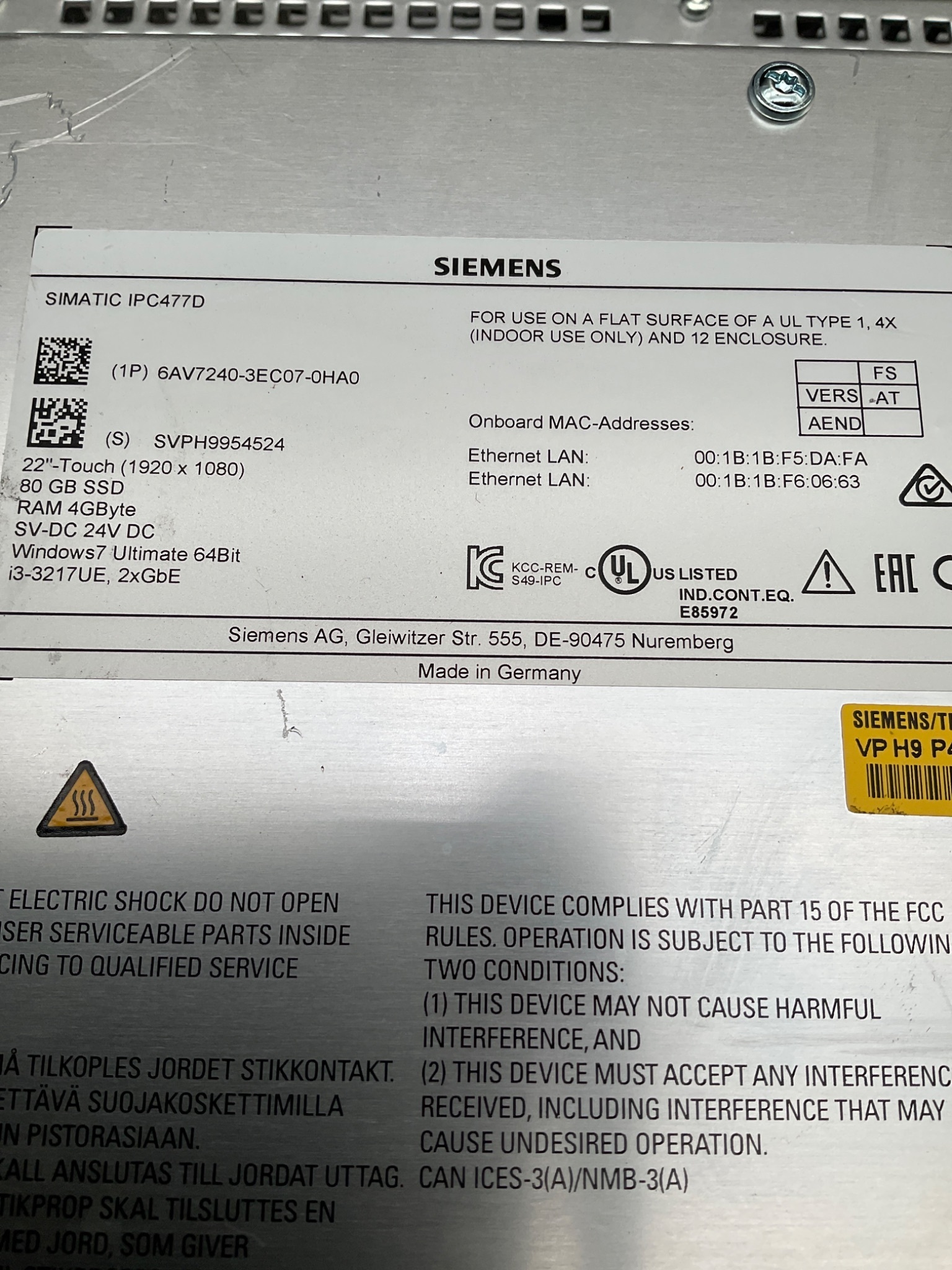 SIEMENS 6AV7240-3EC07-0HA0 SIMATIC IPC477D 22" Touch Panel PC USED 4
