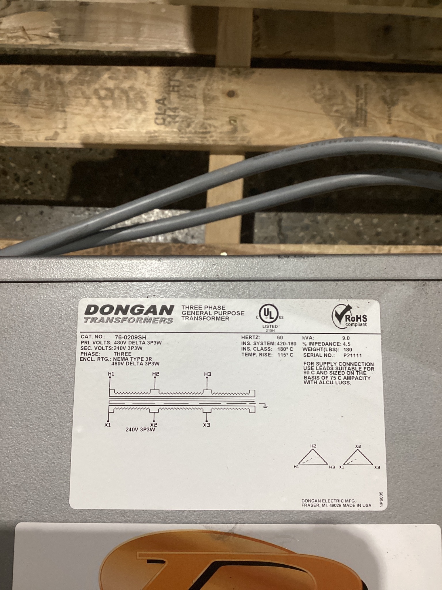 DONGAN 76‑0209SH 9 KVA Transformer 480V - 240V USED 3