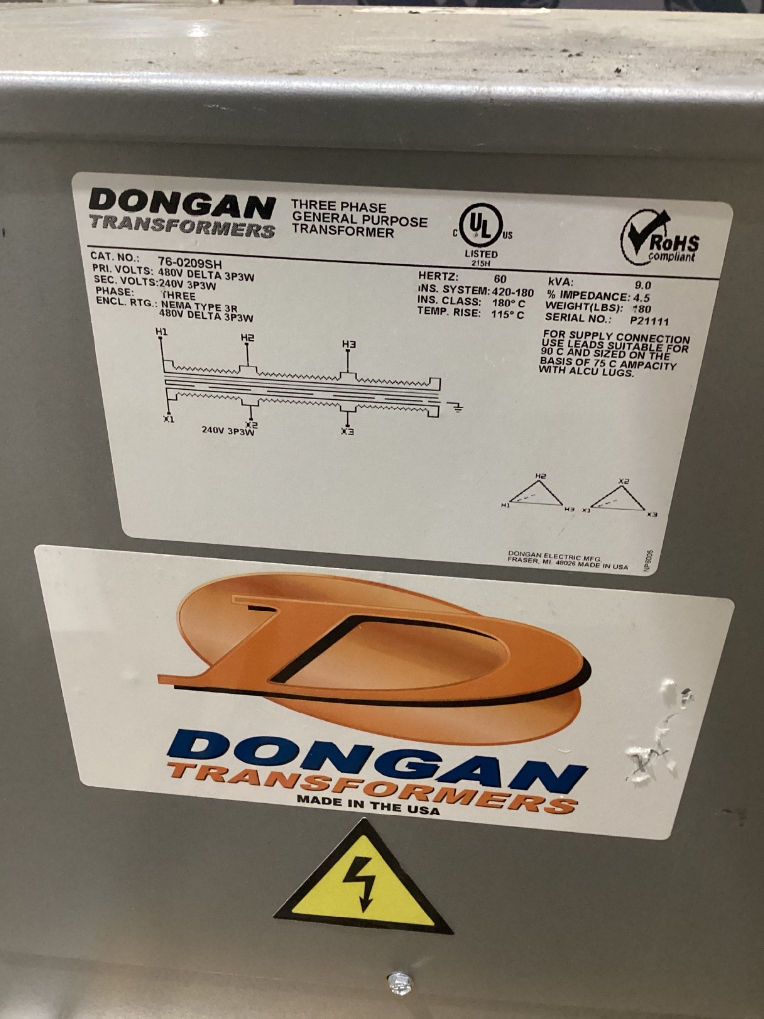 DONGAN 76‑0209SH 9 KVA Transformer 480V - 240V USED 3