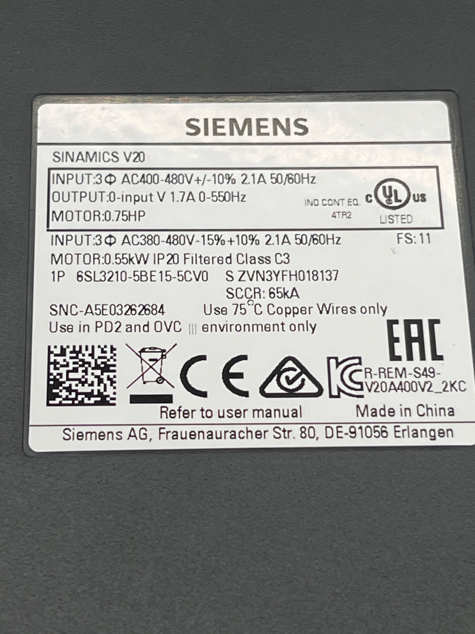 Siemens 6SL3210‑5BE15‑5CV0 SINAMICS V20 Variable Frequency Drive USED 5