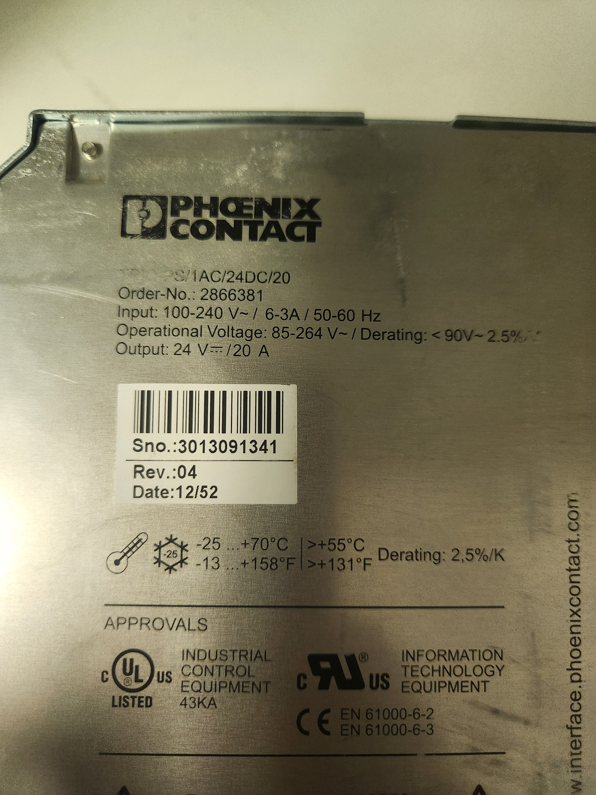 PHOENIX CONTACT TRIO-PS/1AC/24DC/20 Power Supply 24V 20A USED 1