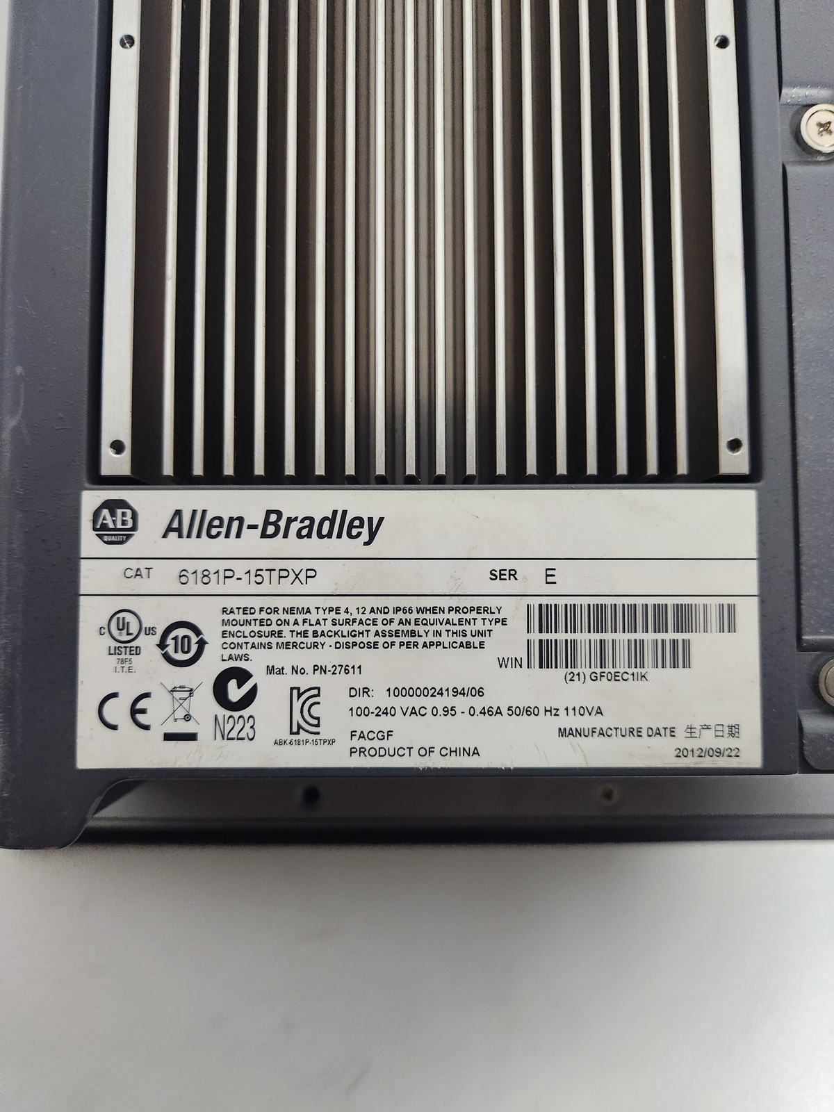 Allen‑Bradley 6181P-15TPXP PanelView 1500P Industrial Computer USED - NO OS 3