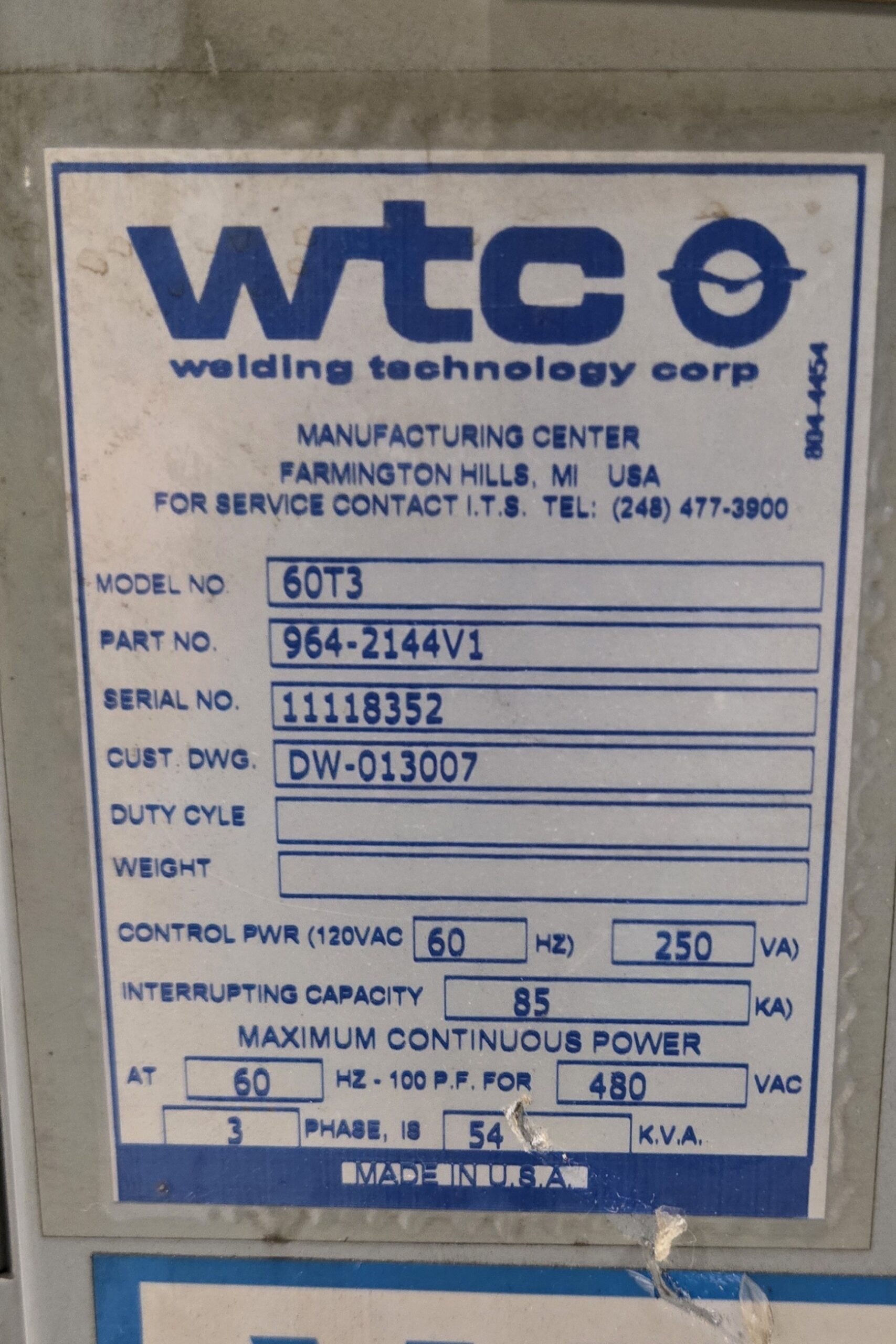 WTC 964-2144V1 WT6000 MFDC Welding Control Unit USED 6