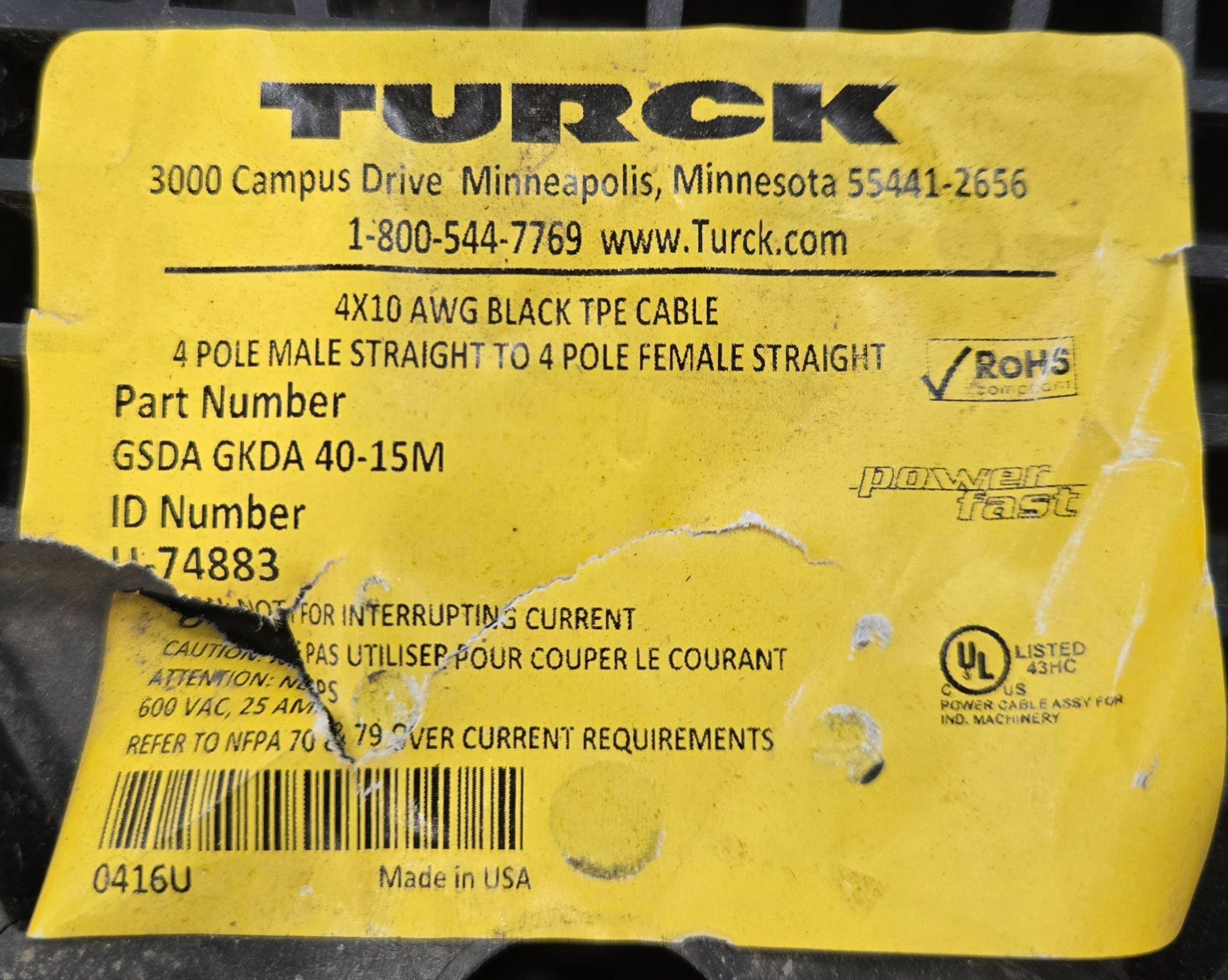 TURCK GSDA GKDA 40-15M 4-Pole Cordset Cable 15M 10AWG NEW 3