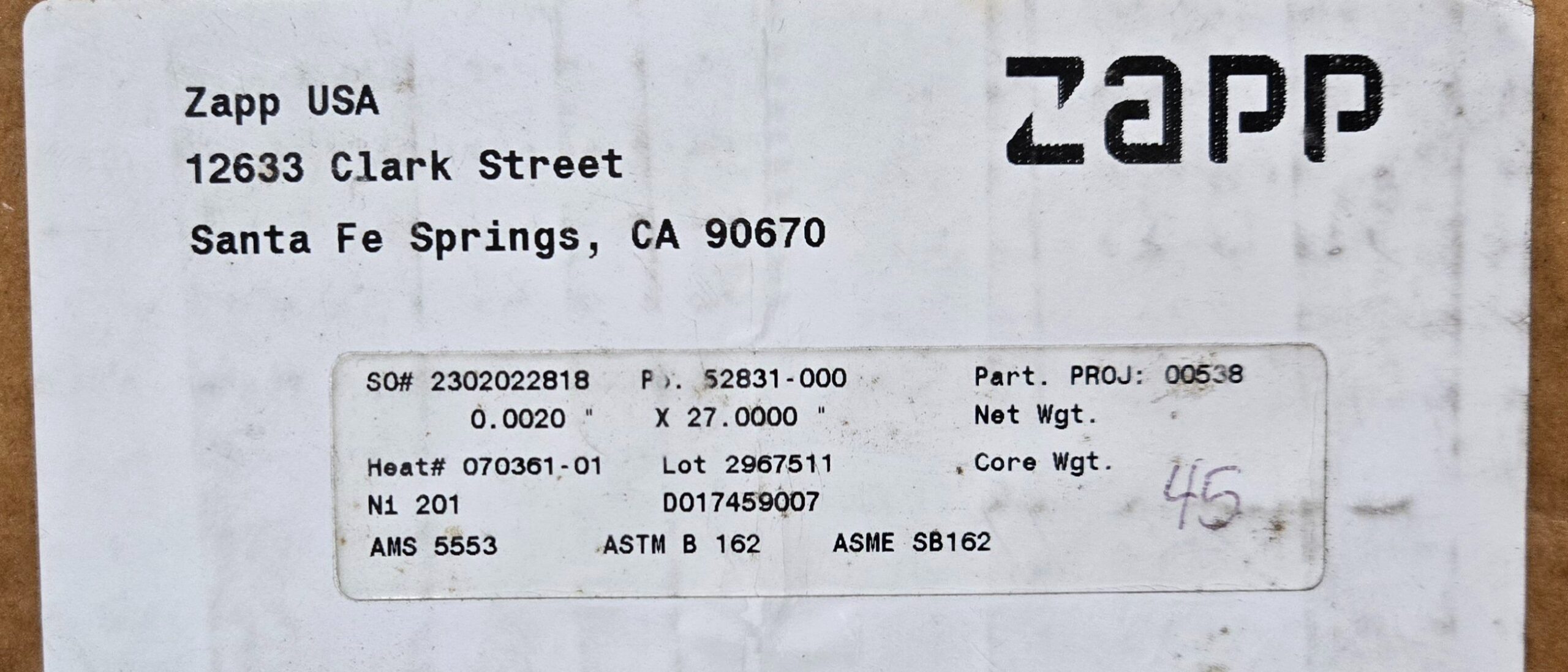 Zapp NI 201 Nickel Sheet Roll 0.002" x 27" AMS 5553 NEW 3