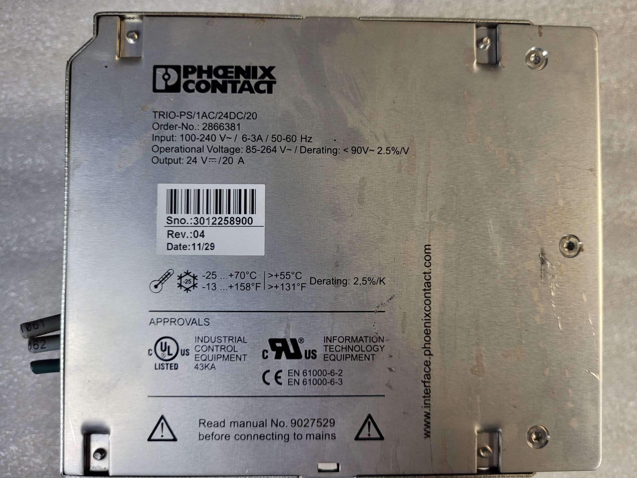 PHOENIX CONTACT TRIO-PS/1AC/24DC/20 Power Supply 24V 20A USED 2