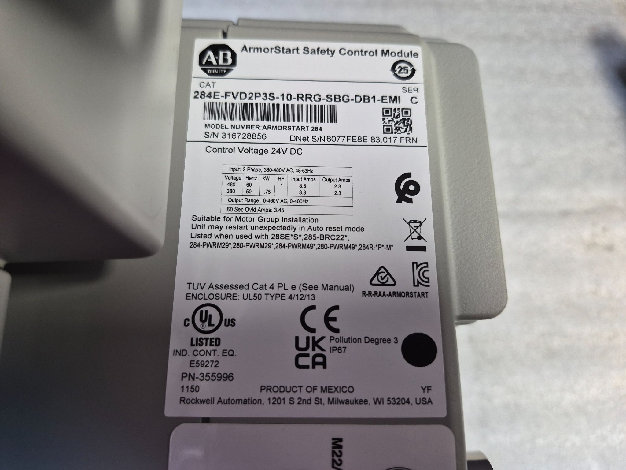 ALLEN BRADLEY 284E-FVD2P3S-10-RRG-SBG-DB1-EMI ArmorStart Safety Drive NEW 6