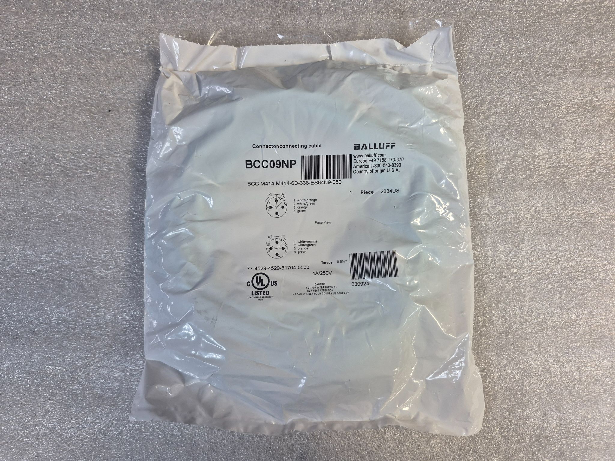 Balluff BCC M414-M414-6D-338-ES64N9-050 M12 4 Pin Cordset 5m NEW 0