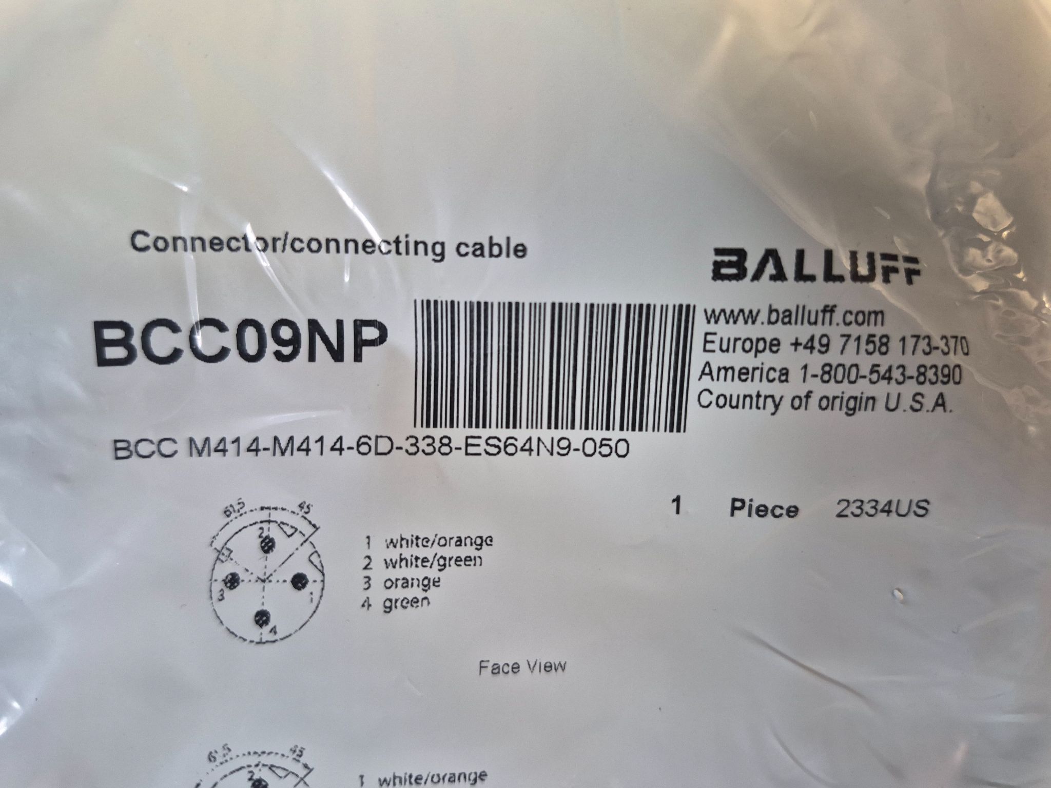 Balluff BCC M414-M414-6D-338-ES64N9-050 M12 4 Pin Cordset 5m NEW 2