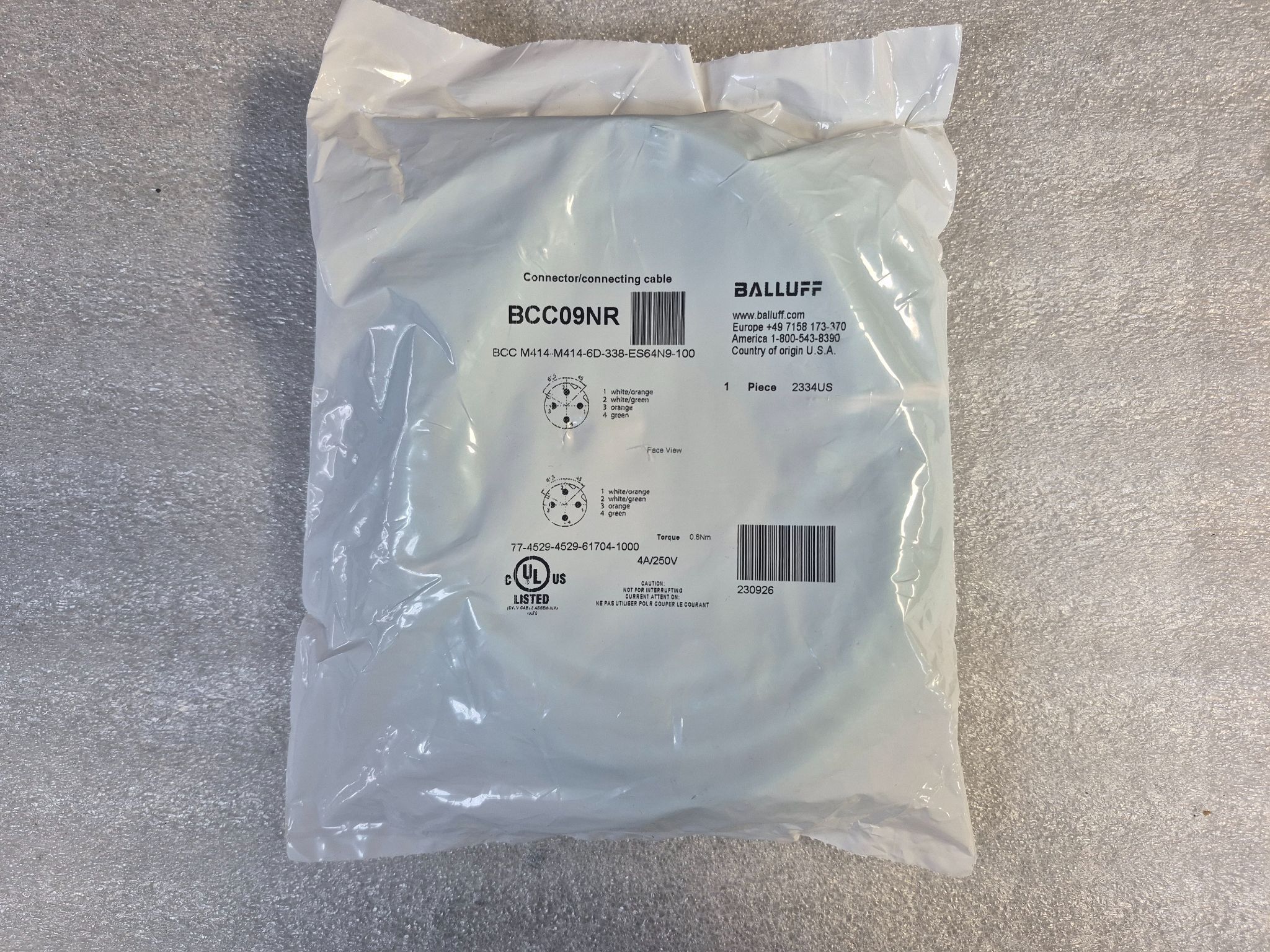 Balluff BCC M414-M414-6D-338-ES64N9-100 M12 4 Pin Cordset 10m NEW 0