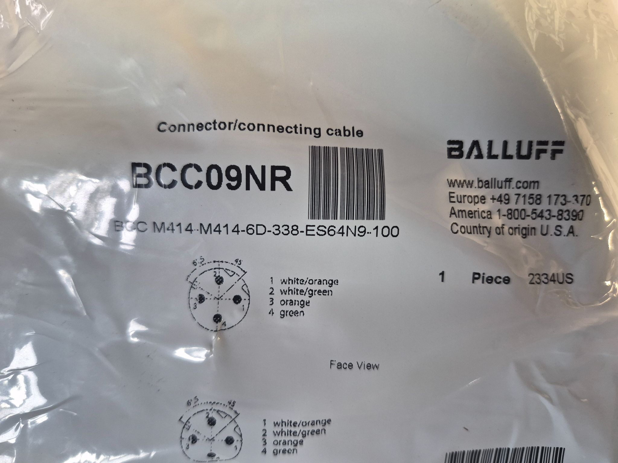 Balluff BCC M414-M414-6D-338-ES64N9-100 M12 4 Pin Cordset 10m NEW 2