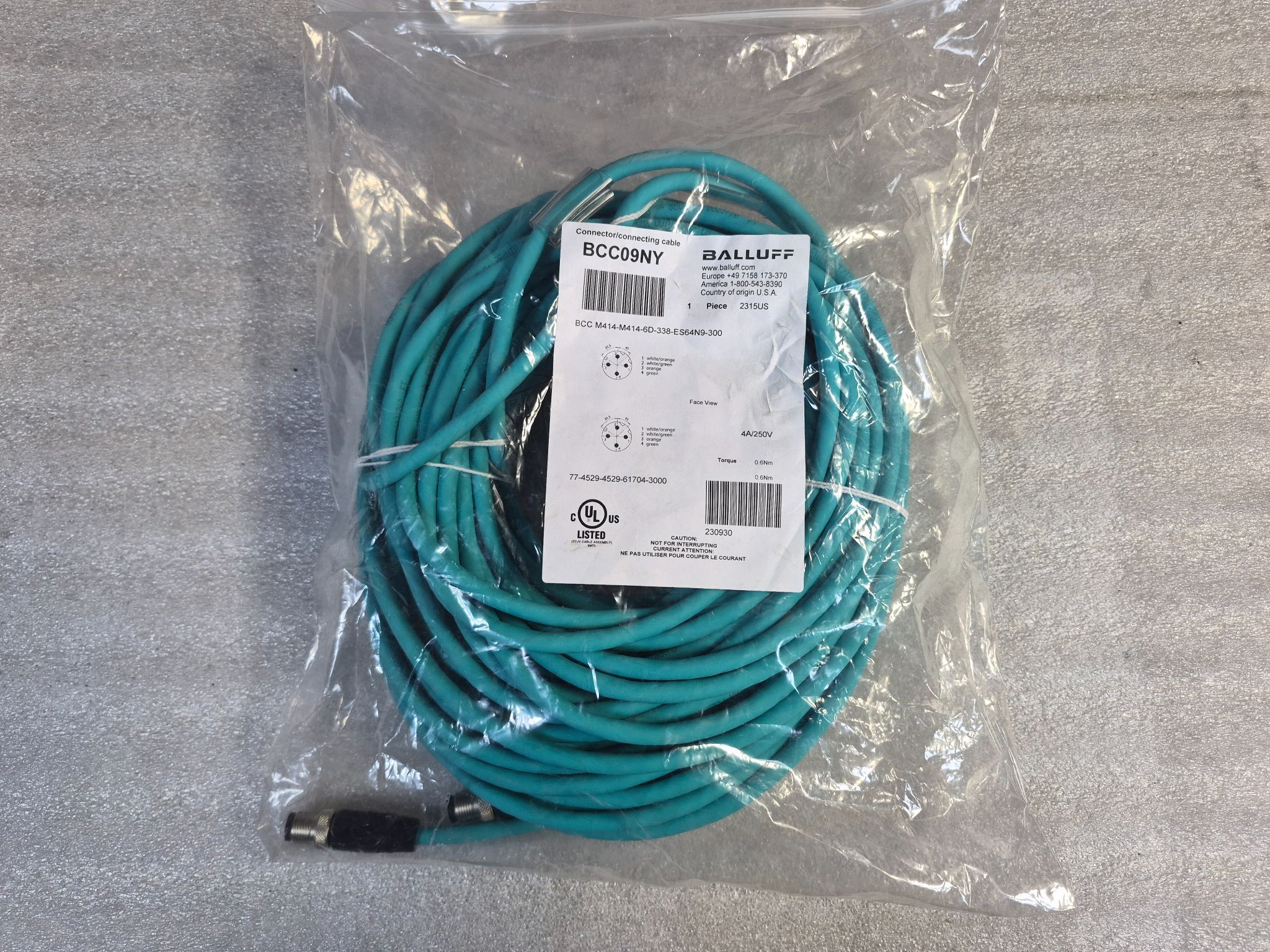 Balluff BCC M414-M414-6D-338-ES64N9-300 M12 4 Pin Cordset 30m NEW 0
