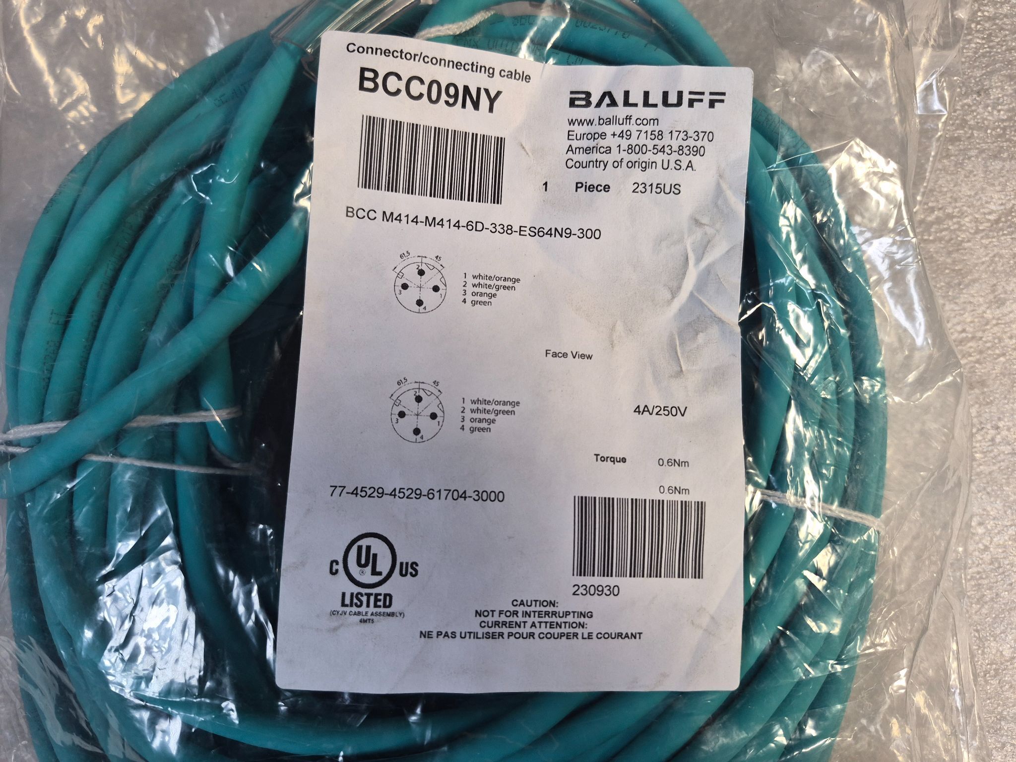 Balluff BCC M414-M414-6D-338-ES64N9-300 M12 4 Pin Cordset 30m NEW 1