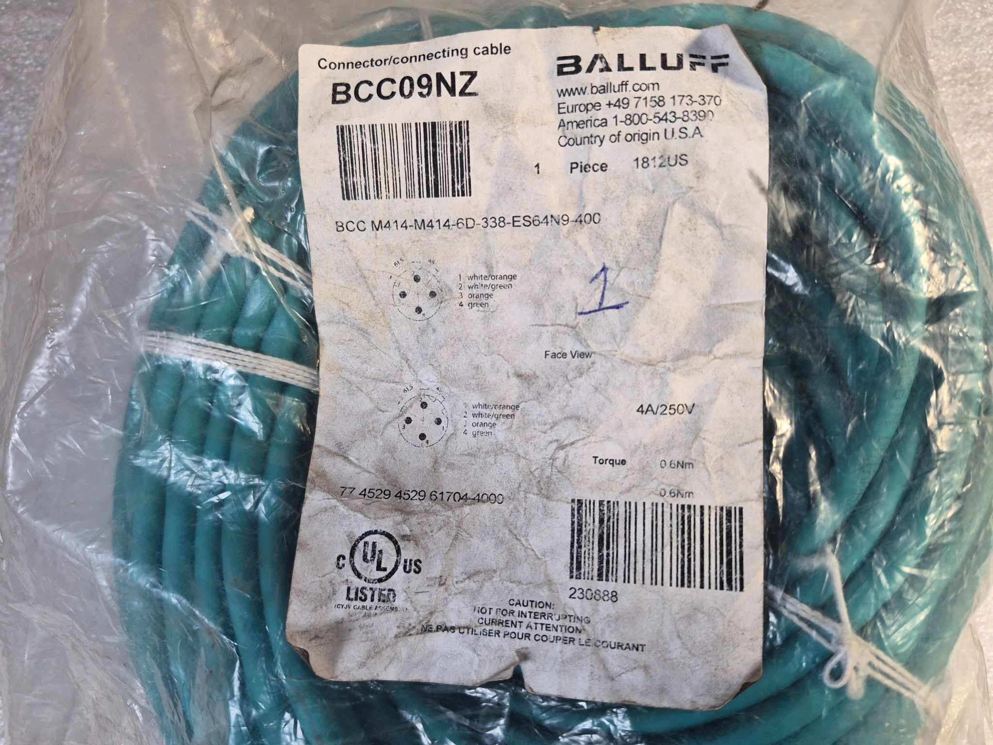 Balluff BCC M414-M414-6D-338-ES64N9-400 M12 Double-Ended Cordset 40m NEW 1