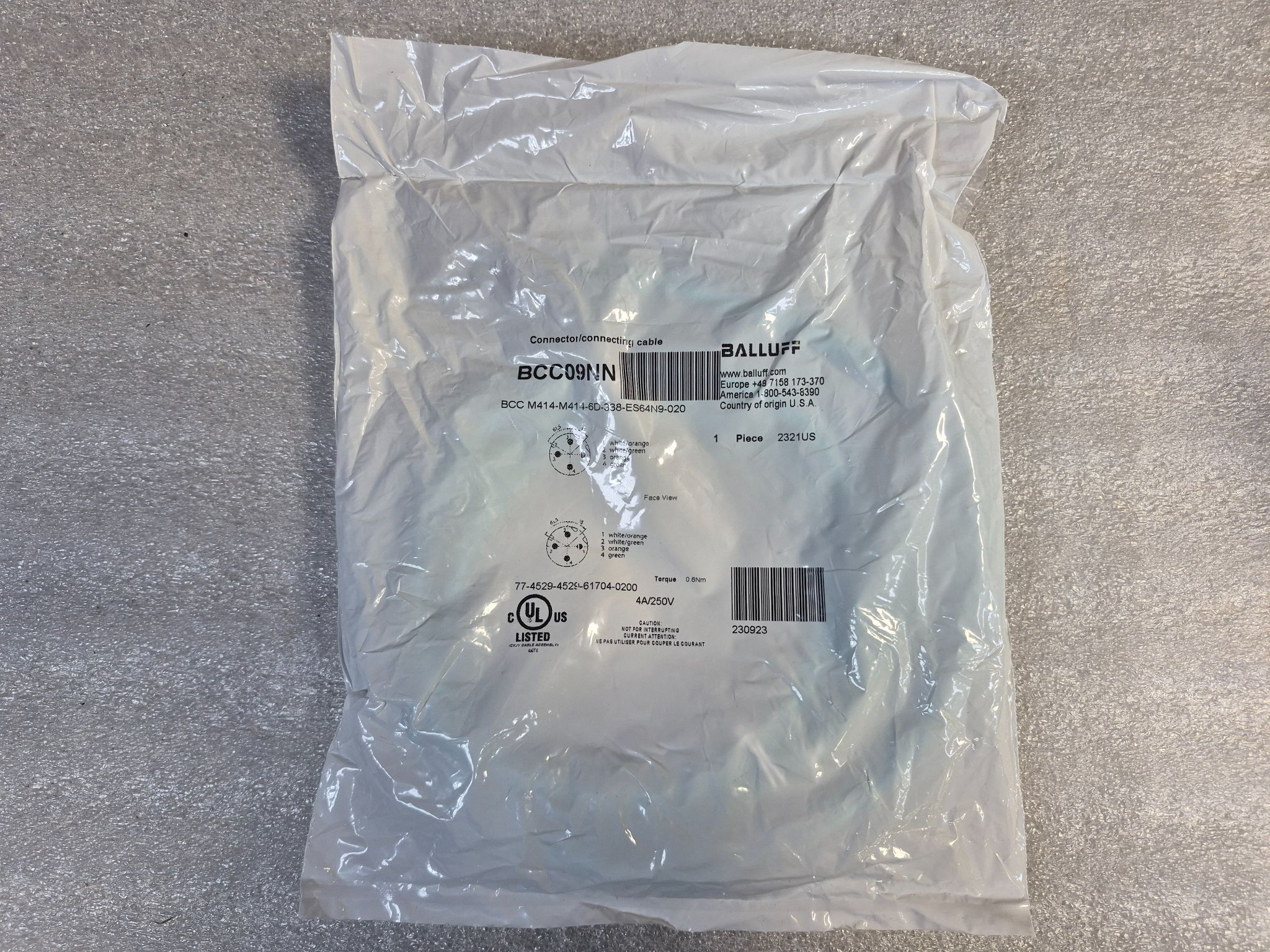 BALLUFF BCC M414-M414-6D-338-ES64N9-020 Double-Ended 4-Pin Cordset Cable 2m NEW 0