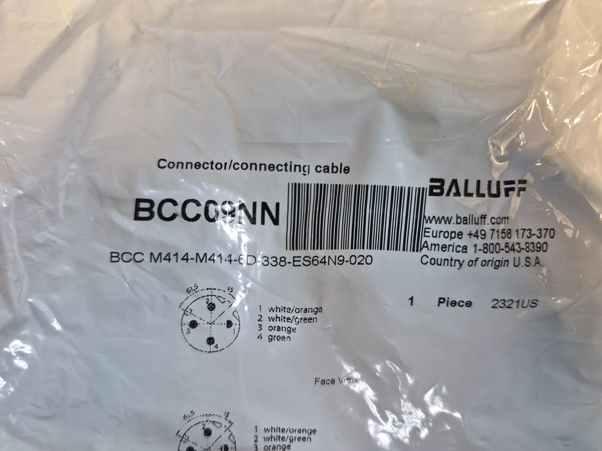 BALLUFF BCC M414-M414-6D-338-ES64N9-020 Double-Ended 4-Pin Cordset Cable 2m NEW 2