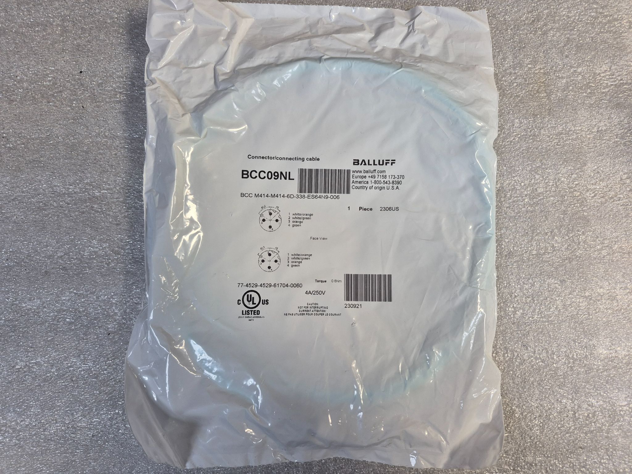 Balluff BCC M414-M414-6D-338-ES64N9-006 M12 Double-Ended Cordset 0.6m NEW 0