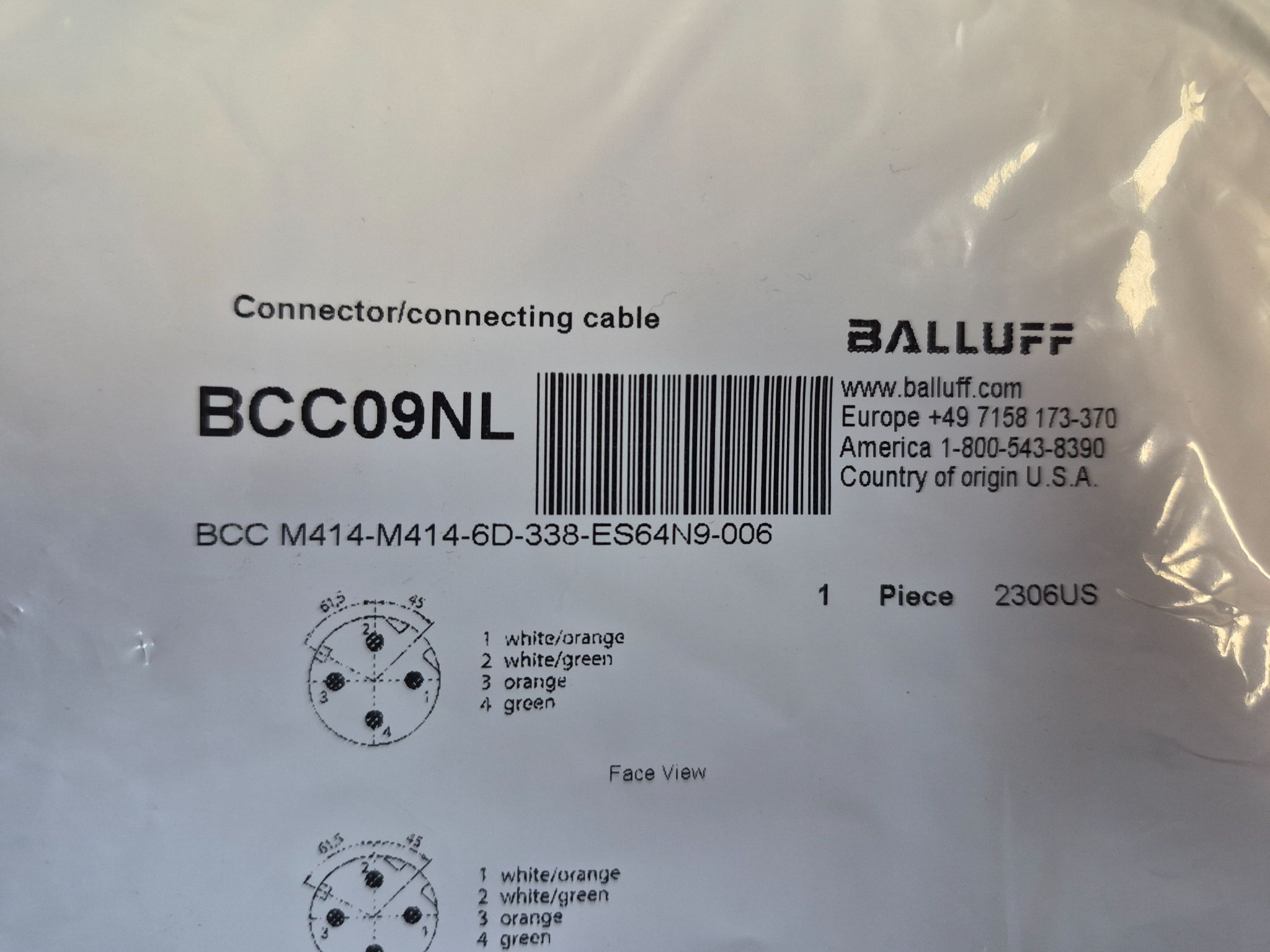 Balluff BCC M414-M414-6D-338-ES64N9-006 M12 Double-Ended Cordset 0.6m NEW 2